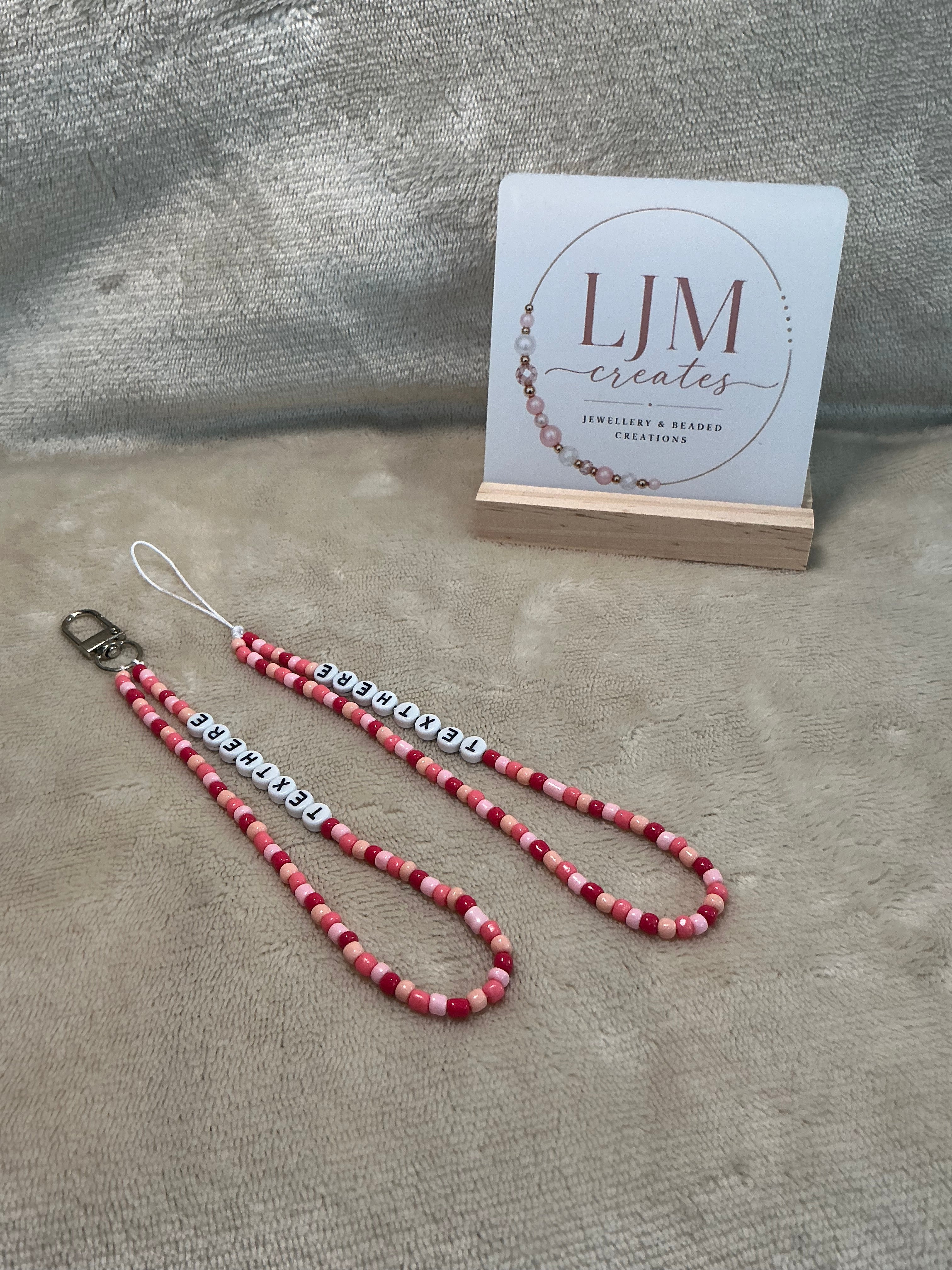 Pink Personalised Beaded Phone Charm | Custom Text Lanyard with Choice of Fastening