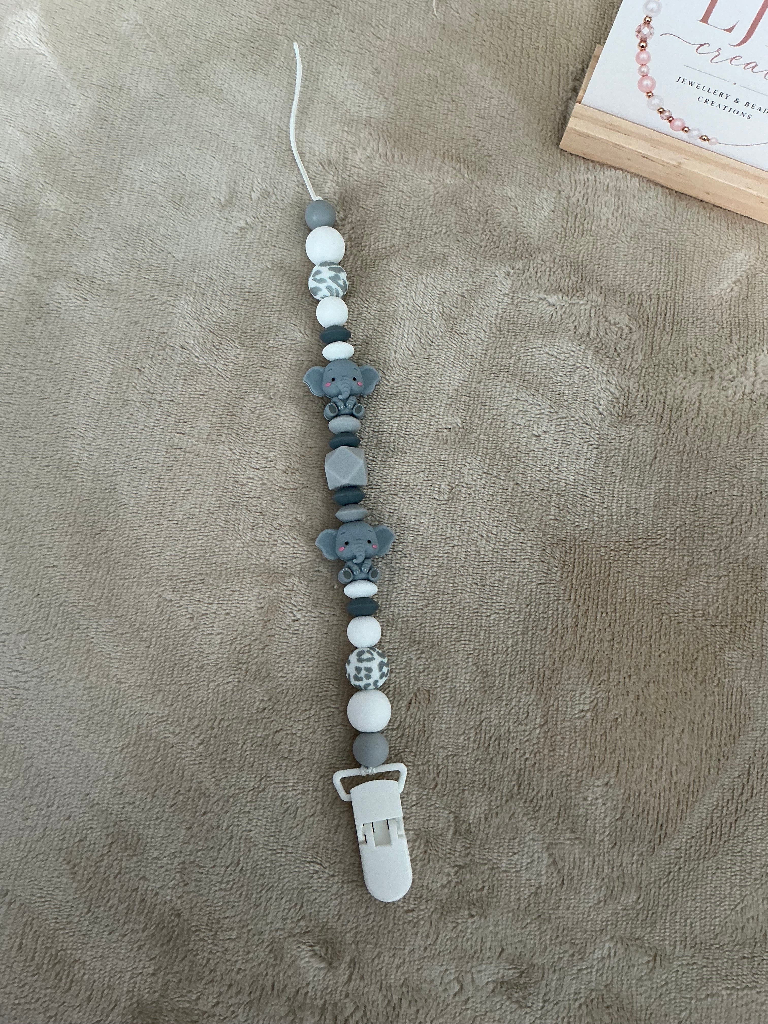 Grey Elephant Dummy Clip | Handmade Safari Pacifier Holder