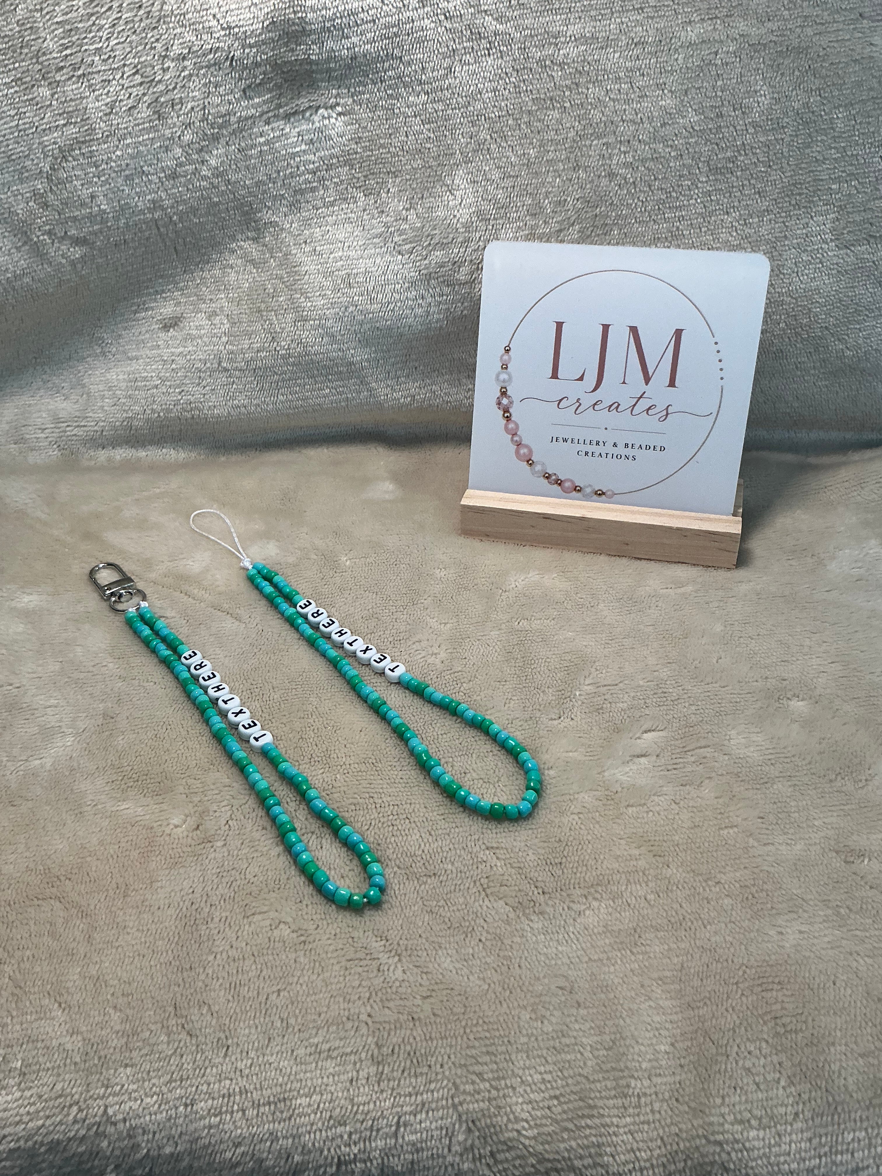 Turquoise Personalised Beaded Phone Charm | Custom Text Lanyard with Choice of Fastening
