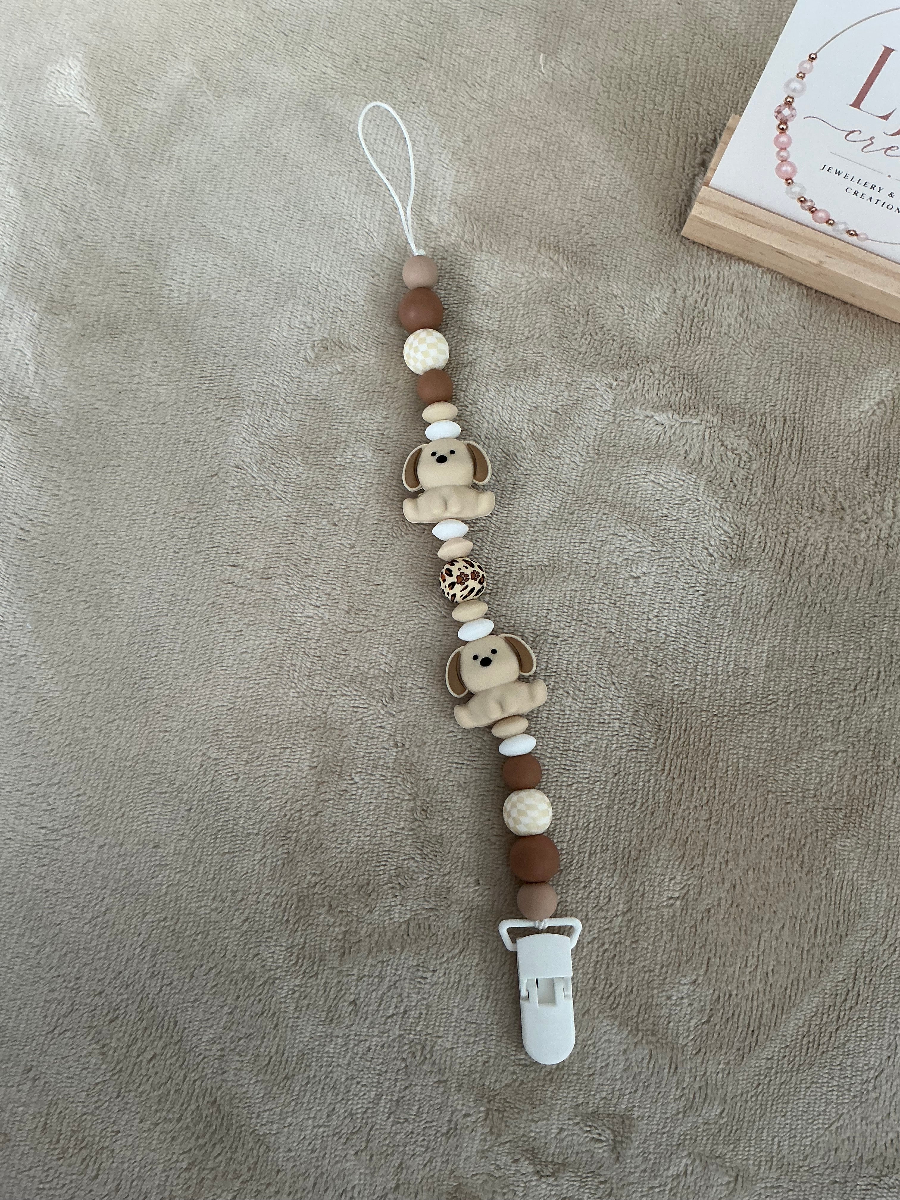 Puppy Love Dummy Clip | Handmade Neutral Dog Pacifier Holder