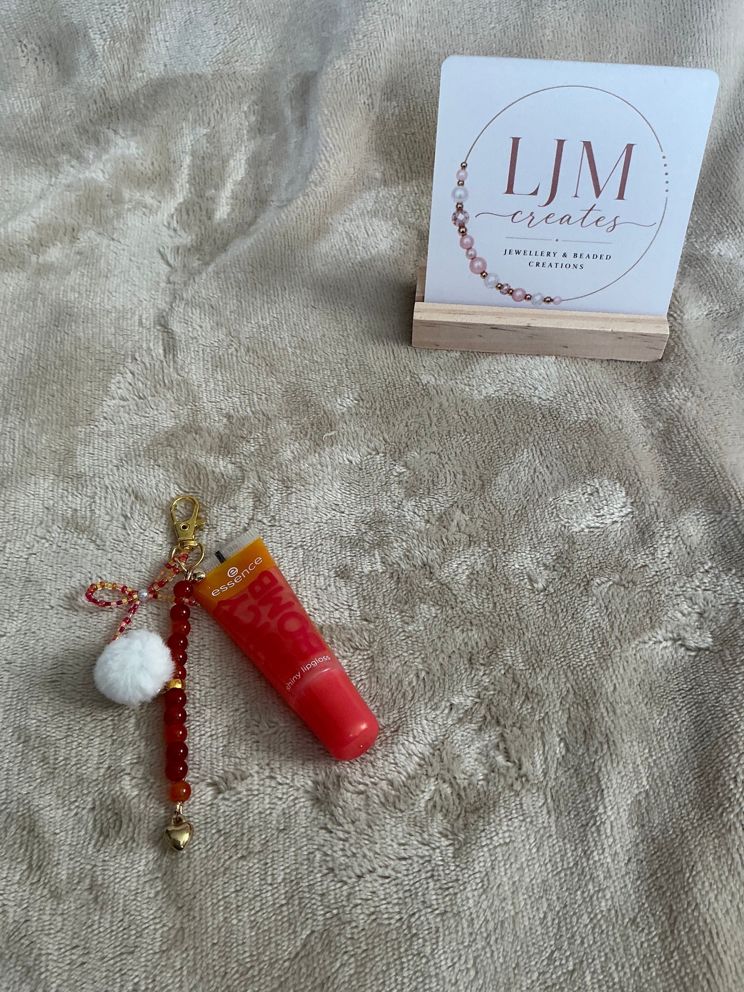 Orange‑Red Heart Beaded Lip Gloss Keychain Charm