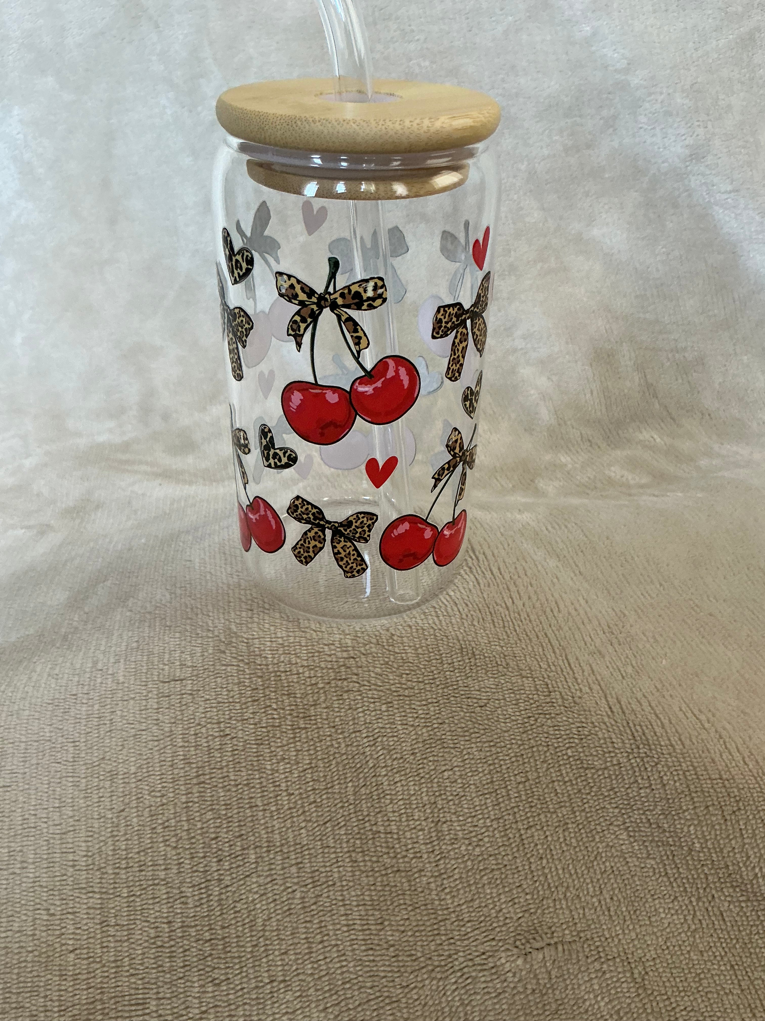 Cherry & Leopard Bow Glass Cup — Bold & Chic!