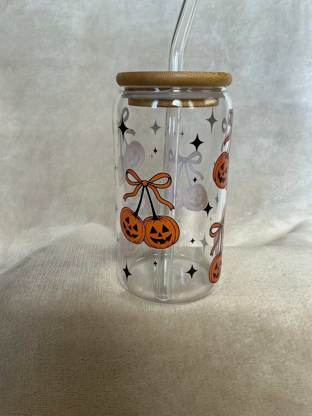 🎃🍒 Pumpkin Cherry Bows Halloween Glass Tumbler