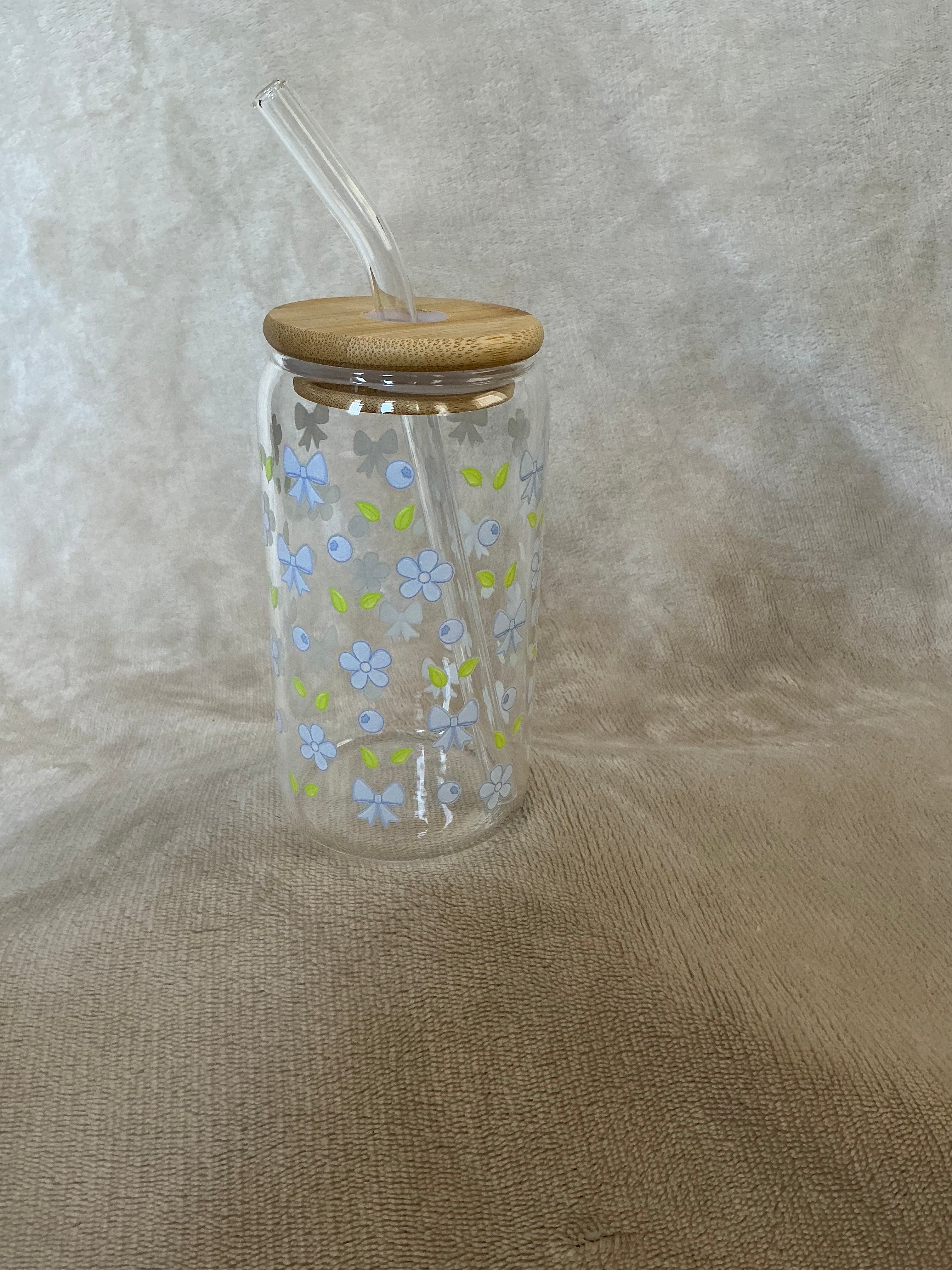Dainty Blue Bows & Blooms Glass Cup — Soft Pastel Beauty!