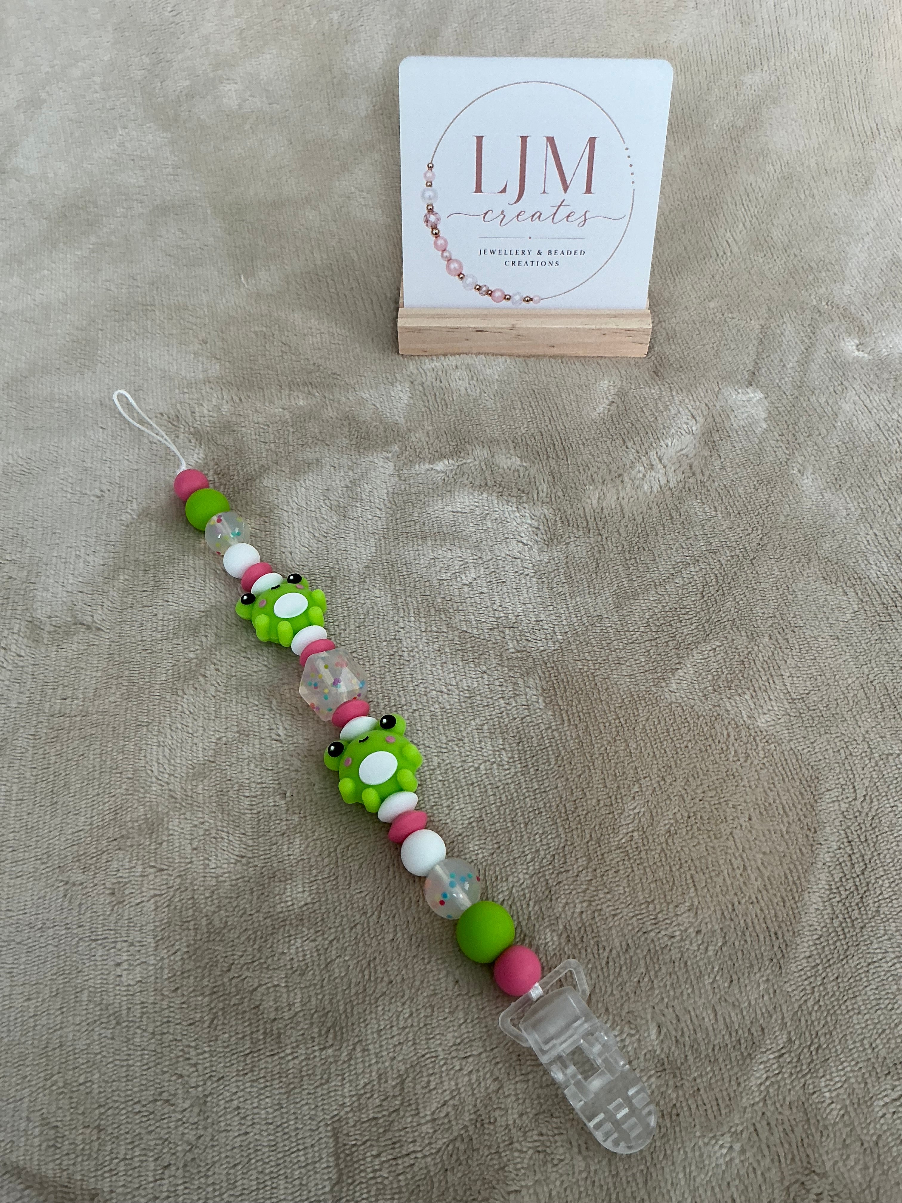 Frog Dummy Clip | Handmade Frog Pacifier Clip with Glitter Beads