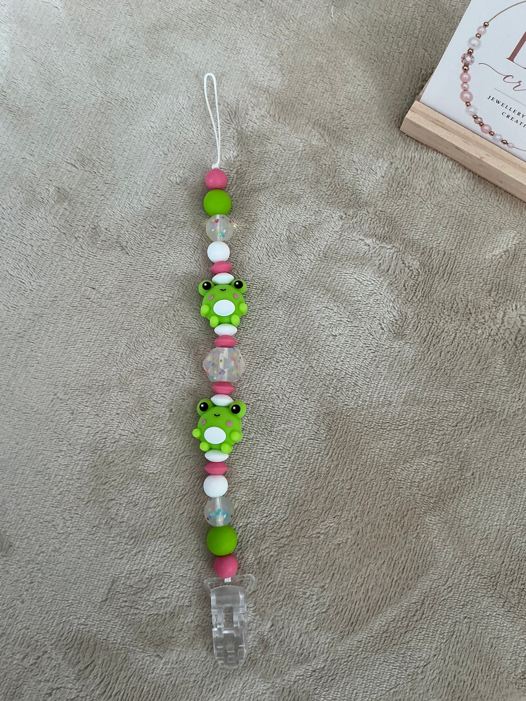 Frog Dummy Clip | Handmade Frog Pacifier Clip with Glitter Beads