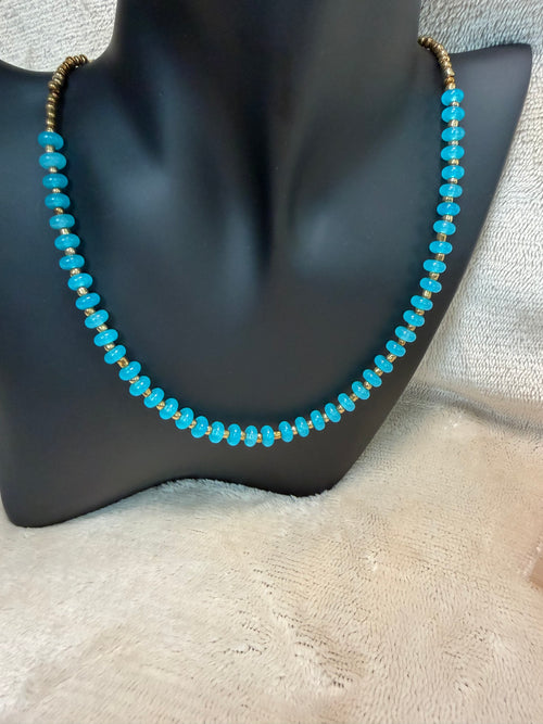 Bright Turquoise & Gold Rondelle Bead Necklace