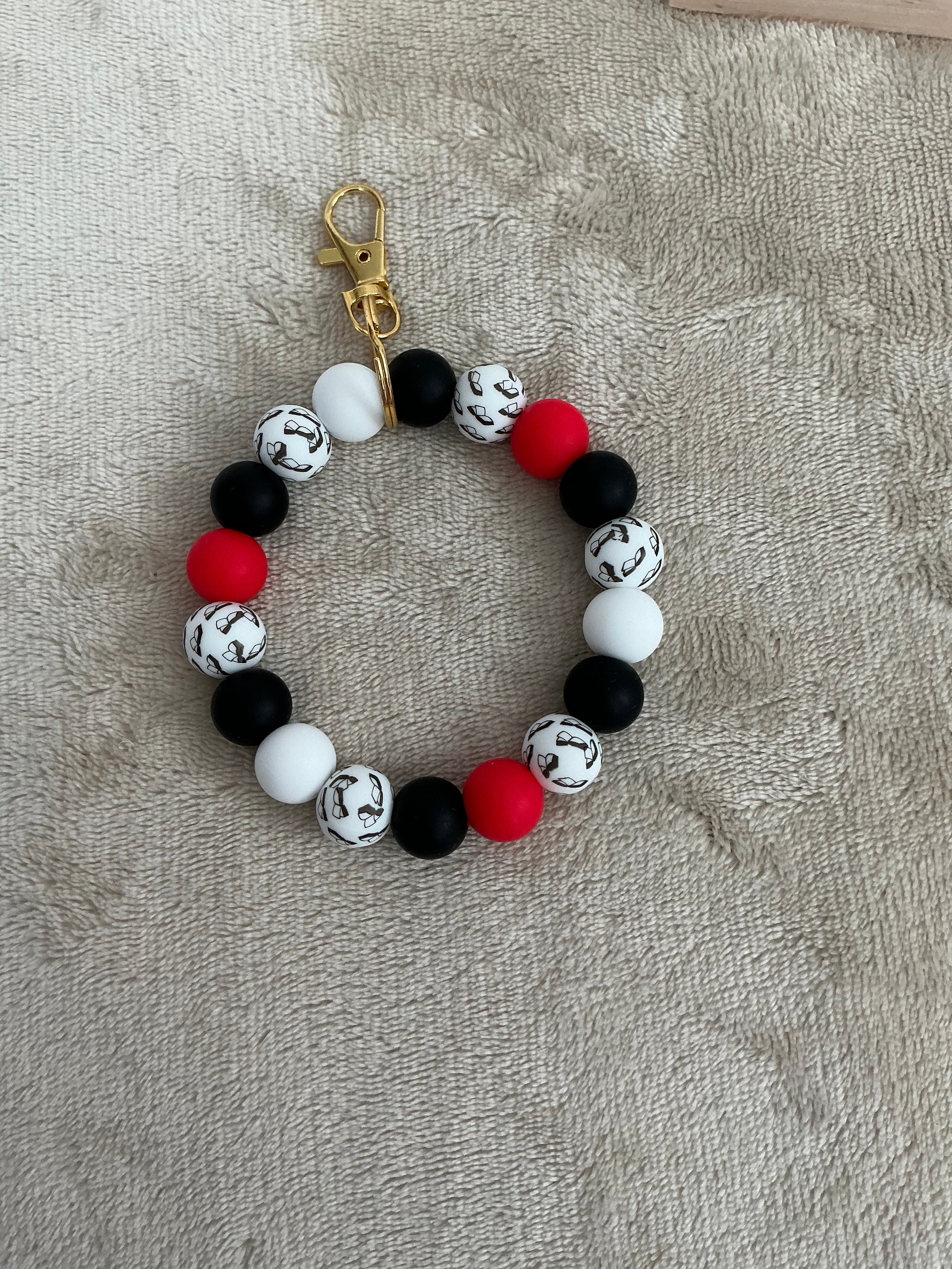 Red, Black & White Silicone Wristlet Keychain | Handmade Beaded Keyring