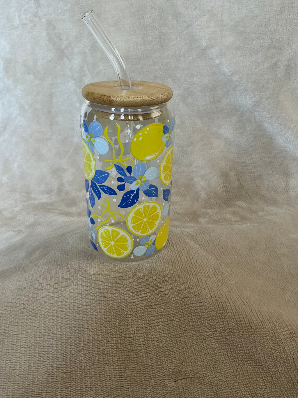 Lemon & Blue Floral Glass Cup — Bright & Beautiful!