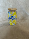 Lemon & Blue Floral Glass Cup — Bright & Beautiful!