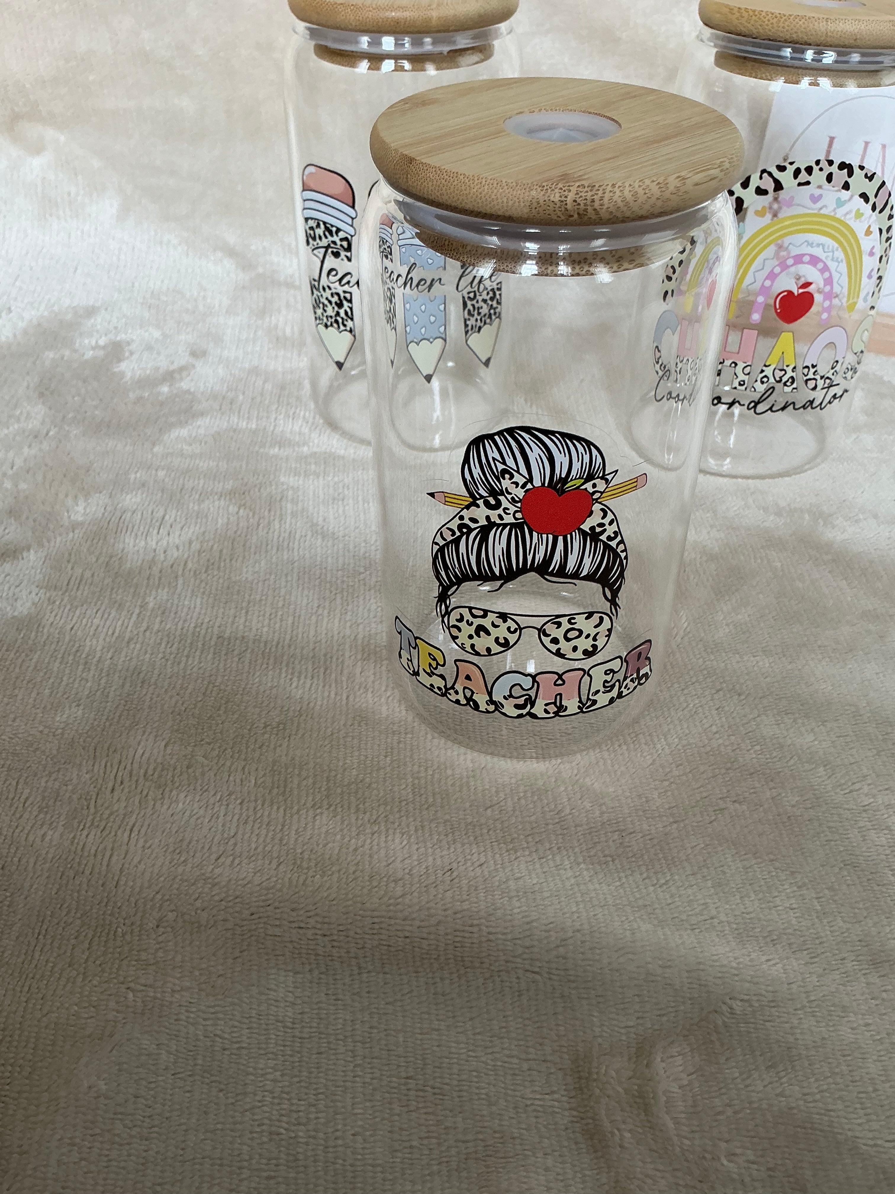 Teacher Themed Glass Cup Collection with Bamboo Lids