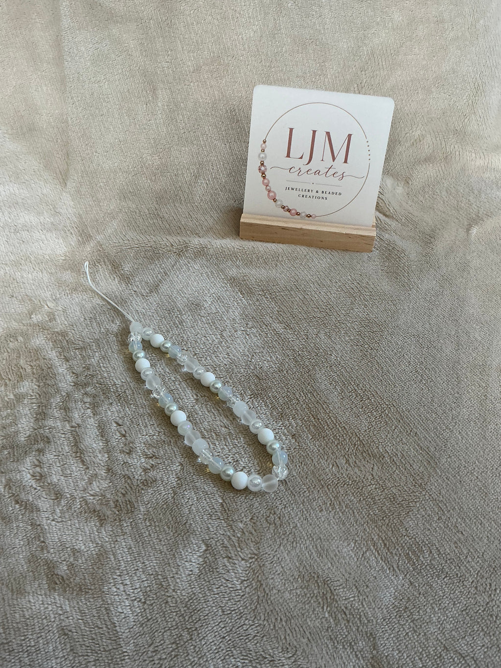 Frosted White & Crystal Beaded Phone Charm