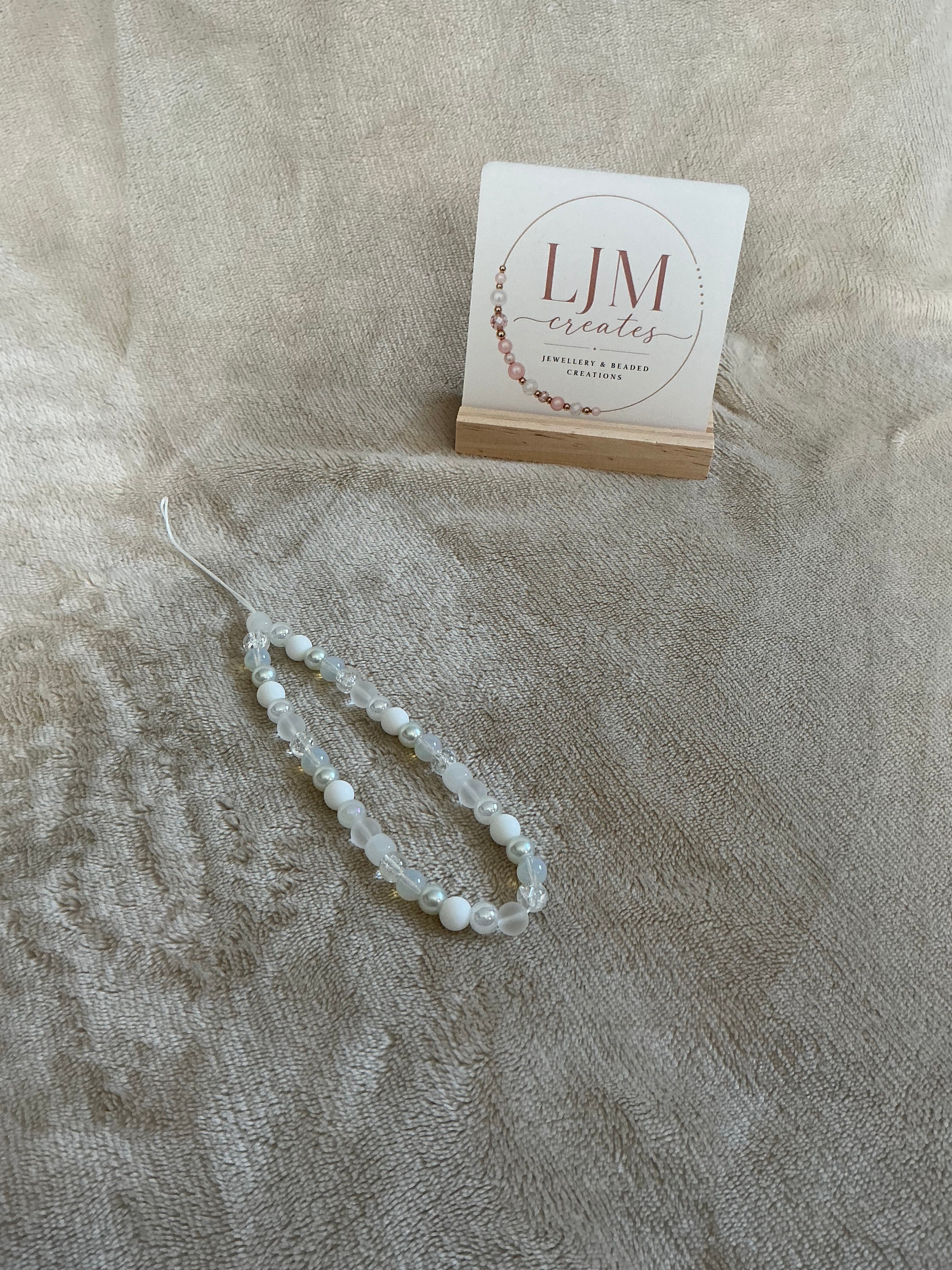 Frosted White & Crystal Beaded Phone Charm