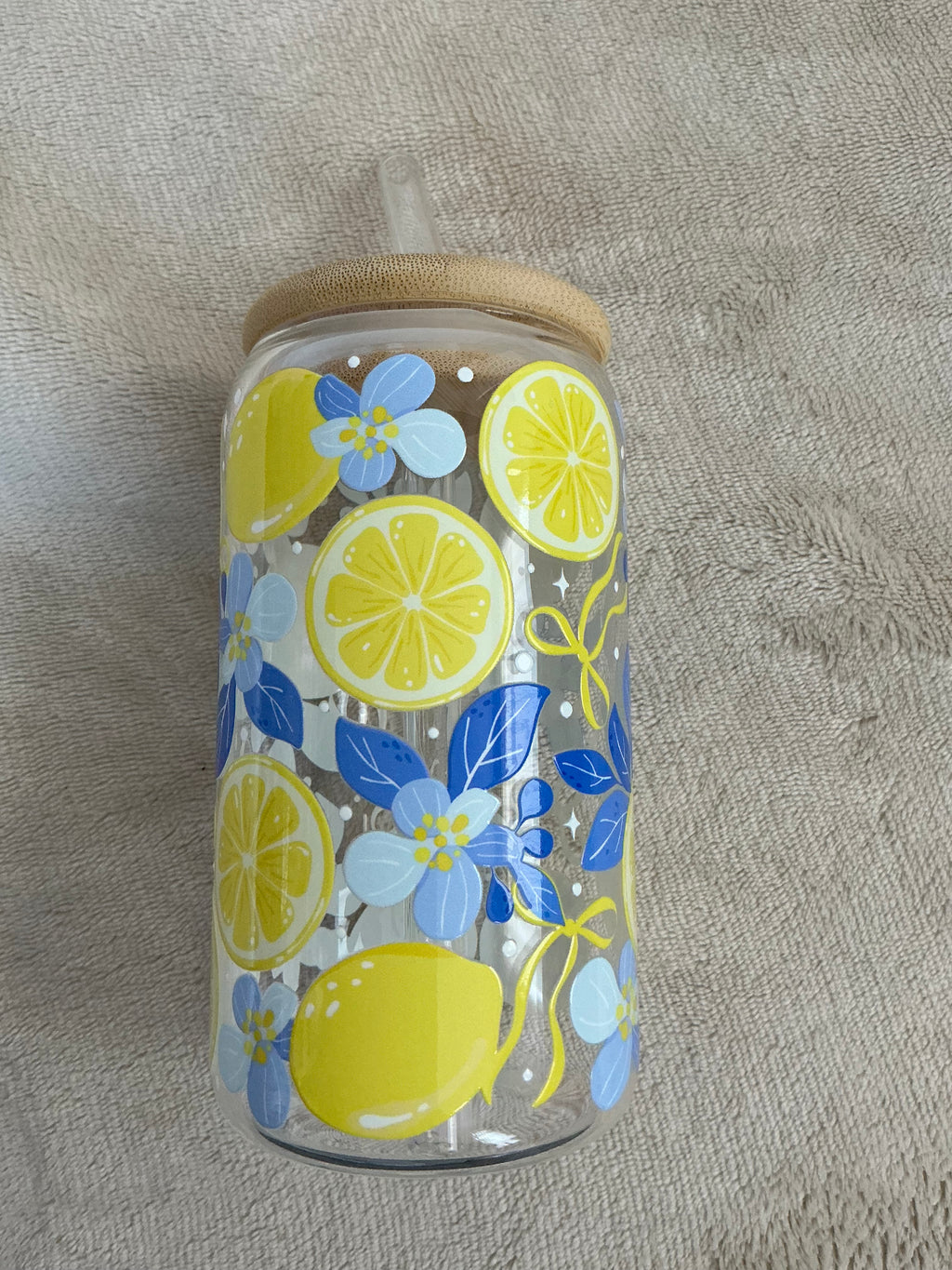 Lemon & Blue Floral Glass Cup — Bright & Beautiful!