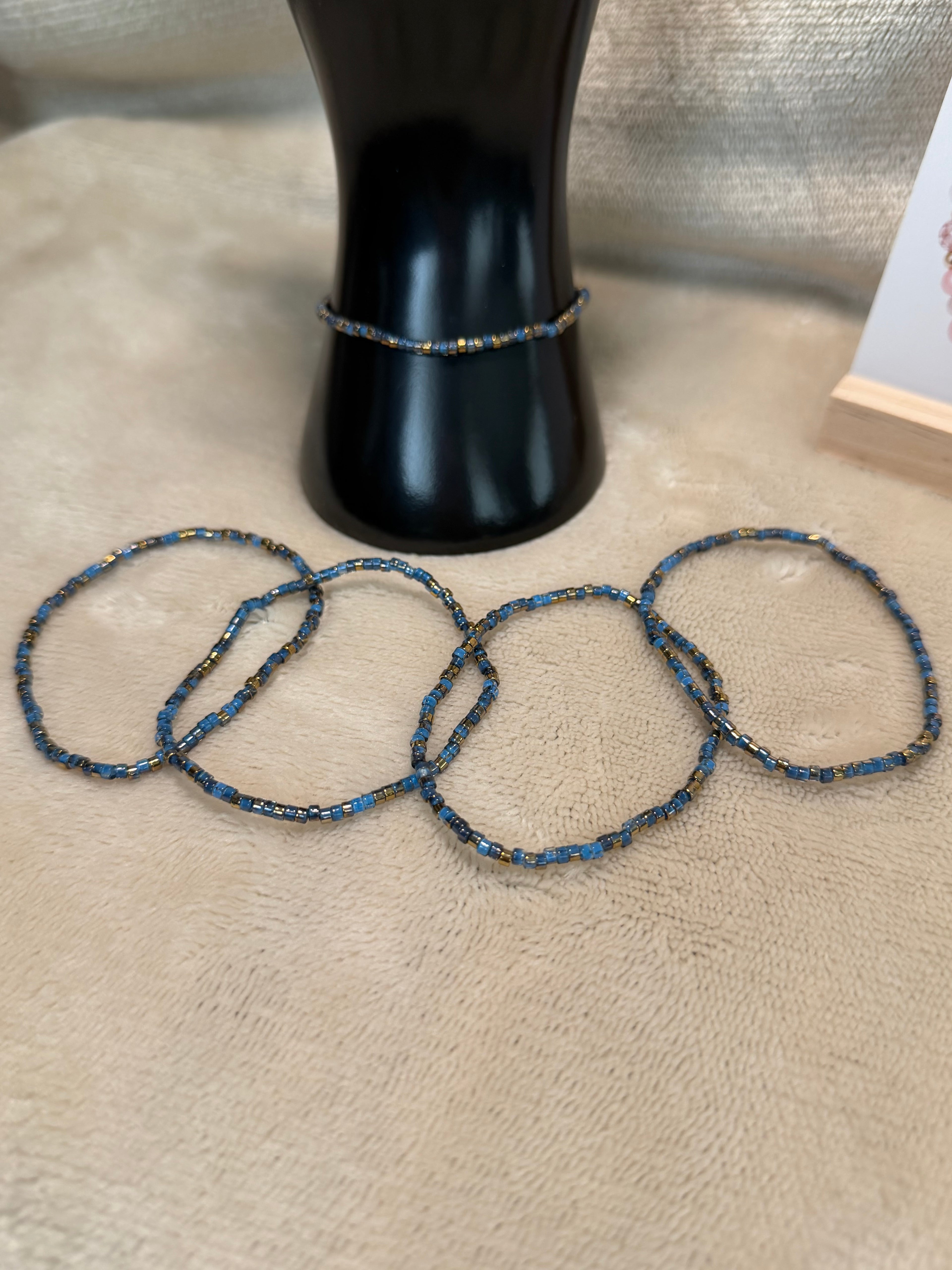 Dusk Blue & Gold Delicate Beaded Stacking Bracelet