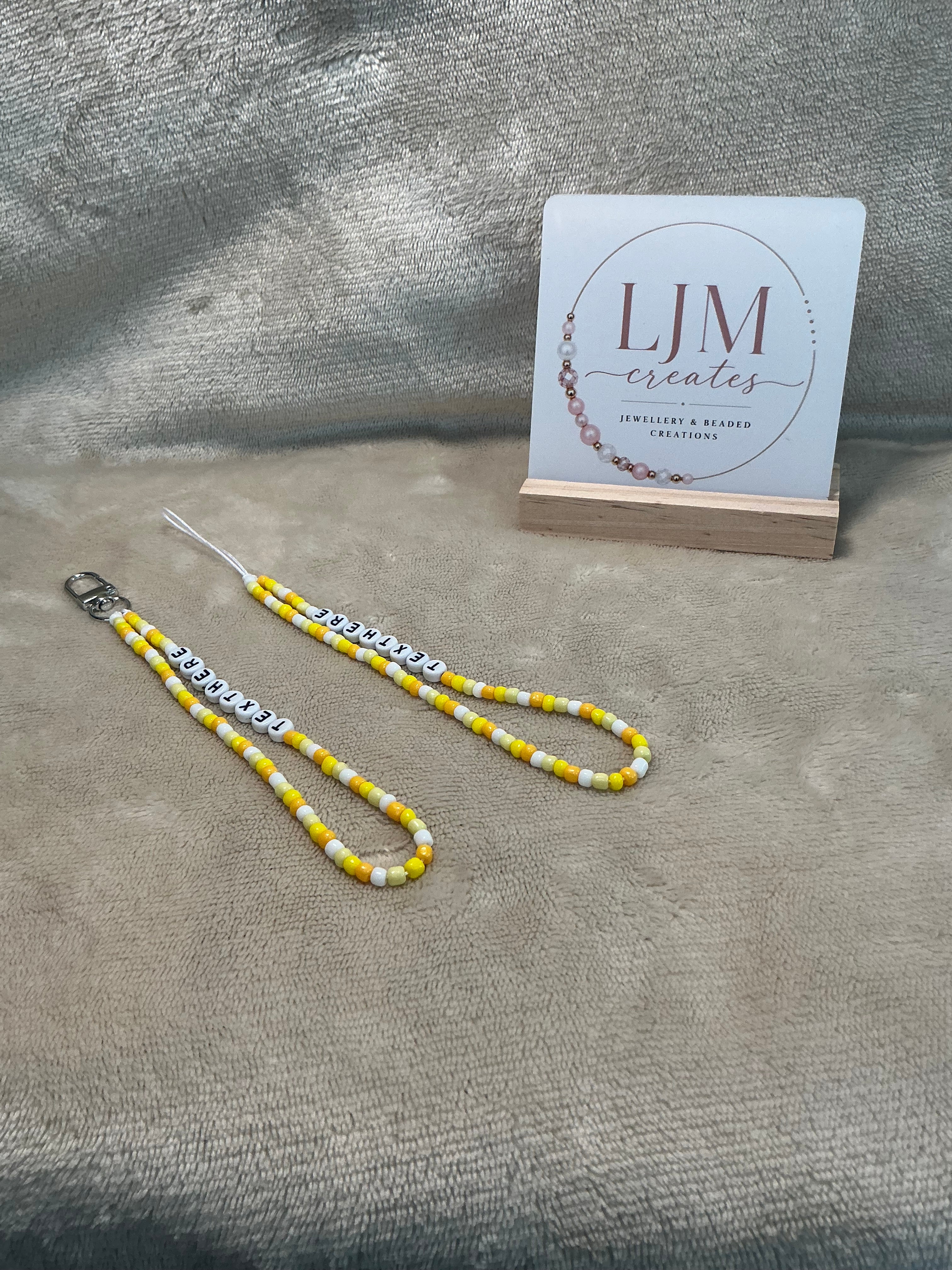 Yellow Personalised Beaded Phone Charm | Custom Text Lanyard with Choice of Fastening