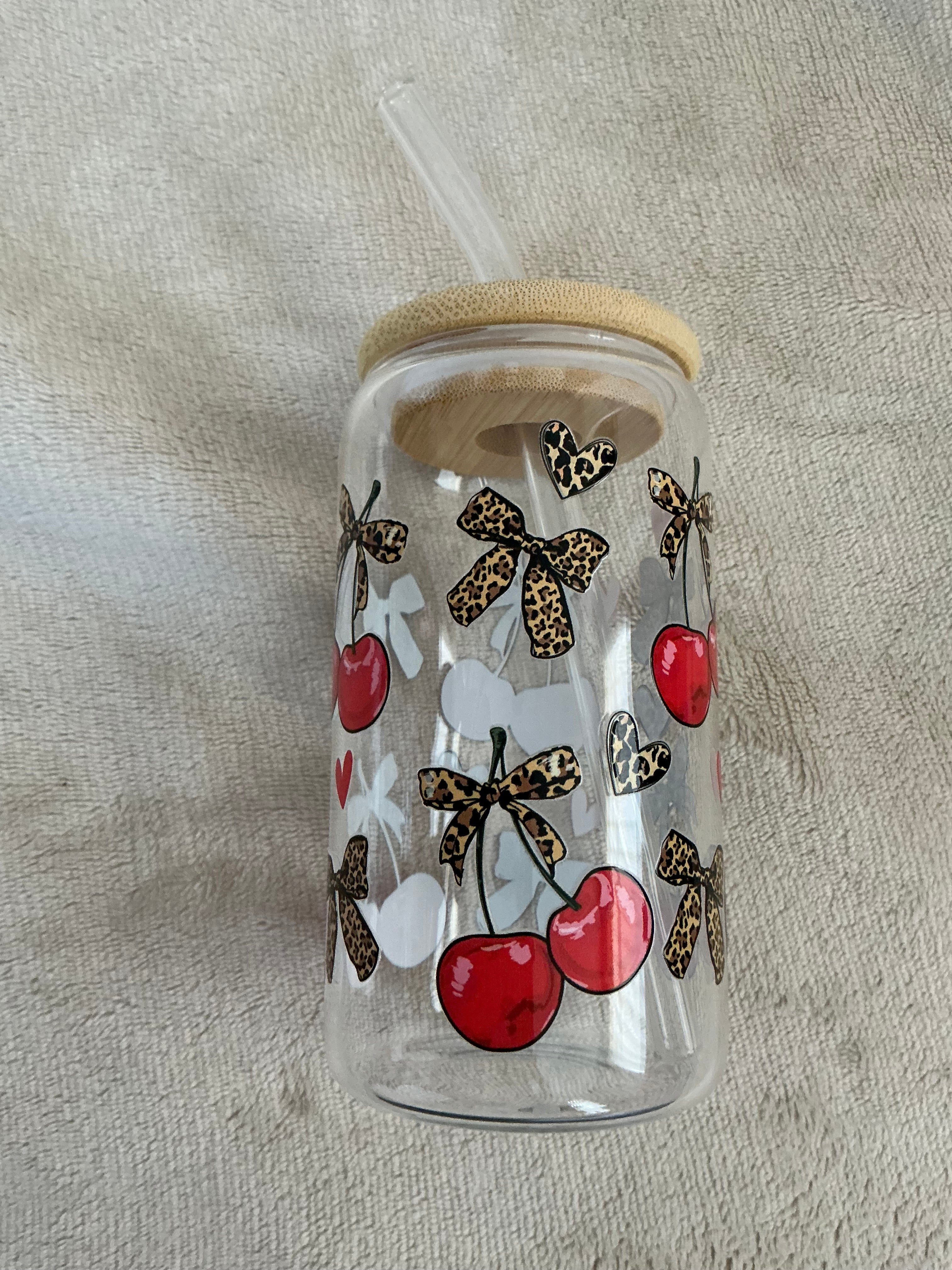 Cherry & Leopard Bow Glass Cup — Bold & Chic!