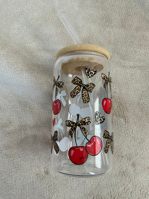 Cherry & Leopard Bow Glass Cup — Bold & Chic!