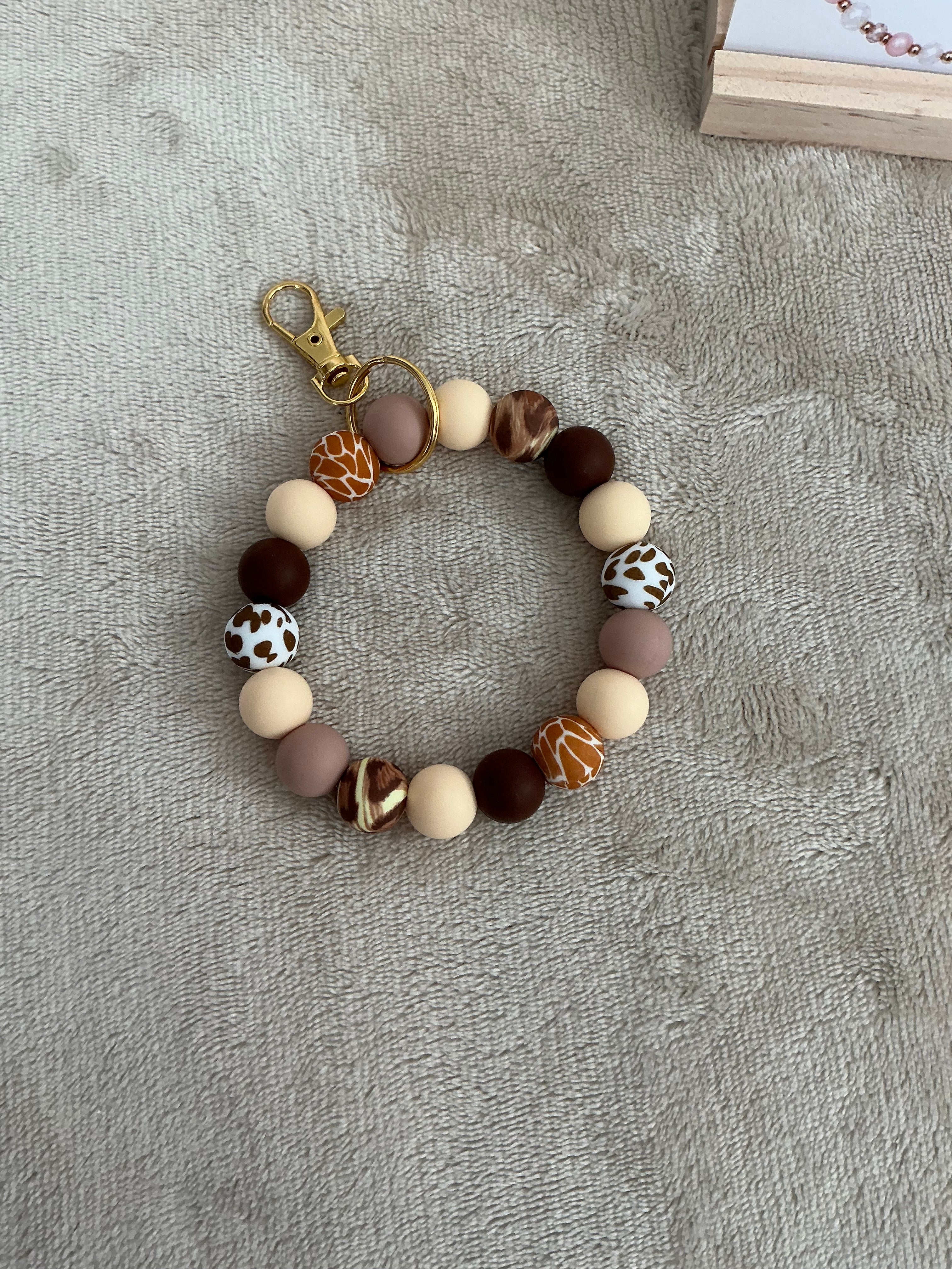 Neutral Animal Print Silicone Wristlet Keychain | Handmade Beaded Keyring