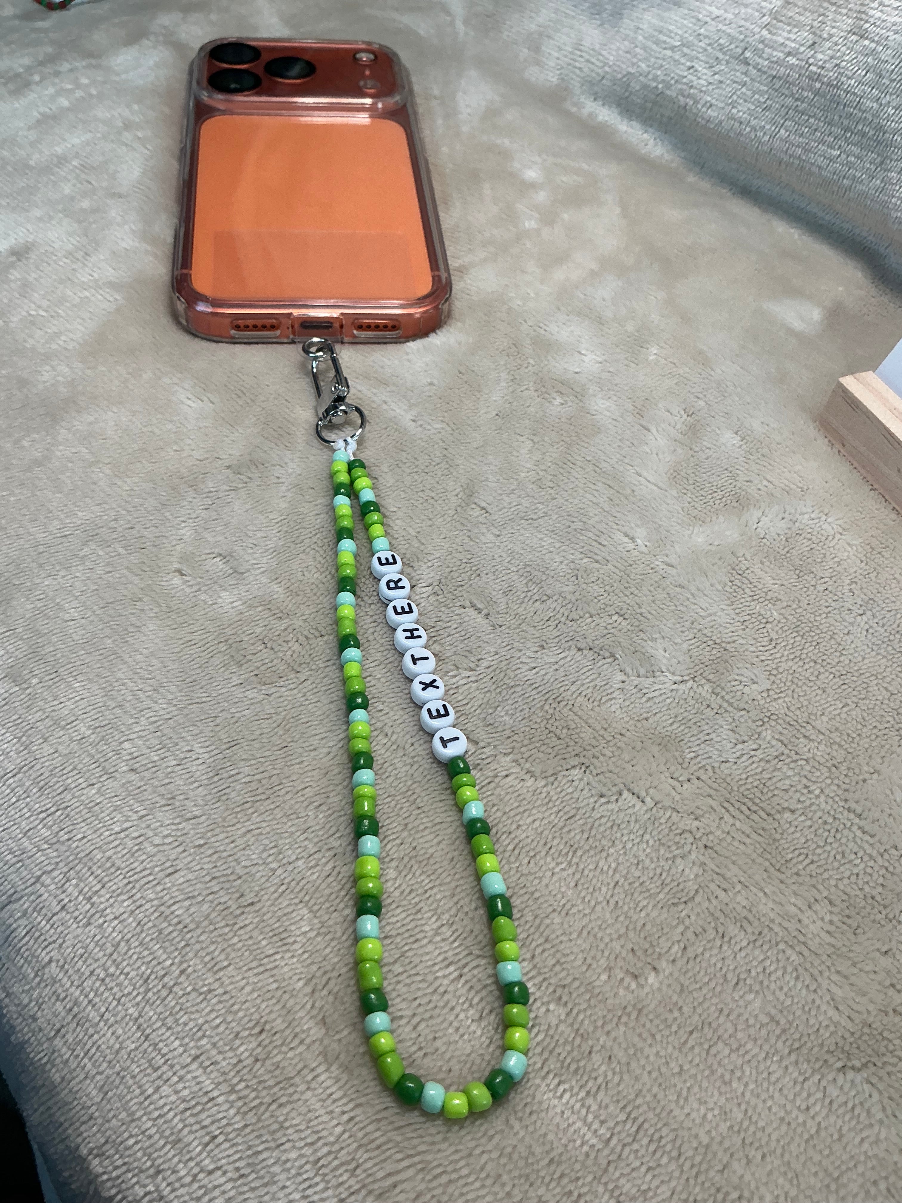 Green Personalised Beaded Phone Charm | Custom Text Lanyard with Choice of Fastening