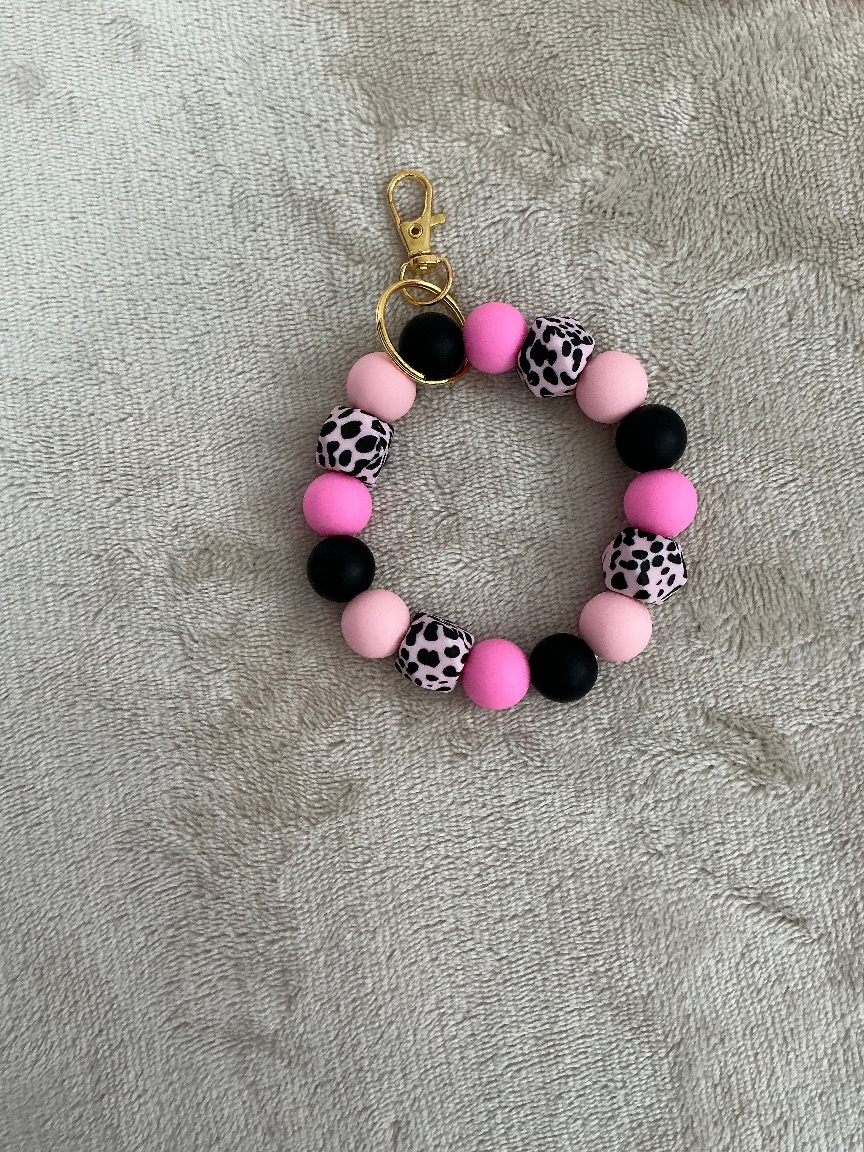 Pink Leopard Print Silicone Wristlet Keychain | Handmade Beaded Keyring