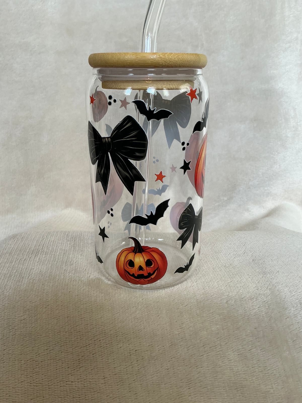 🎃🖤 Pumpkins, Bows & Bats Halloween Glass Tumbler