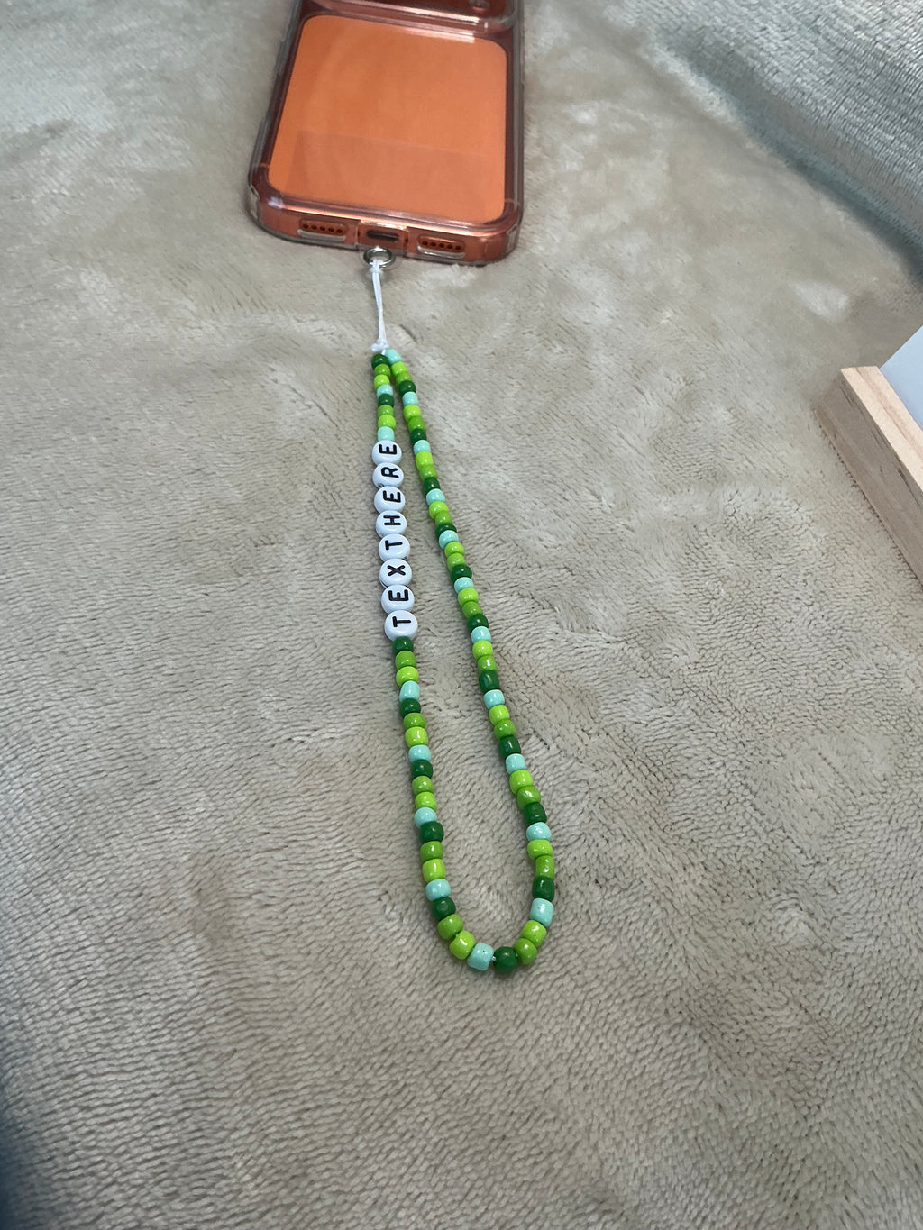 Green Personalised Beaded Phone Charm | Custom Text Lanyard with Choice of Fastening