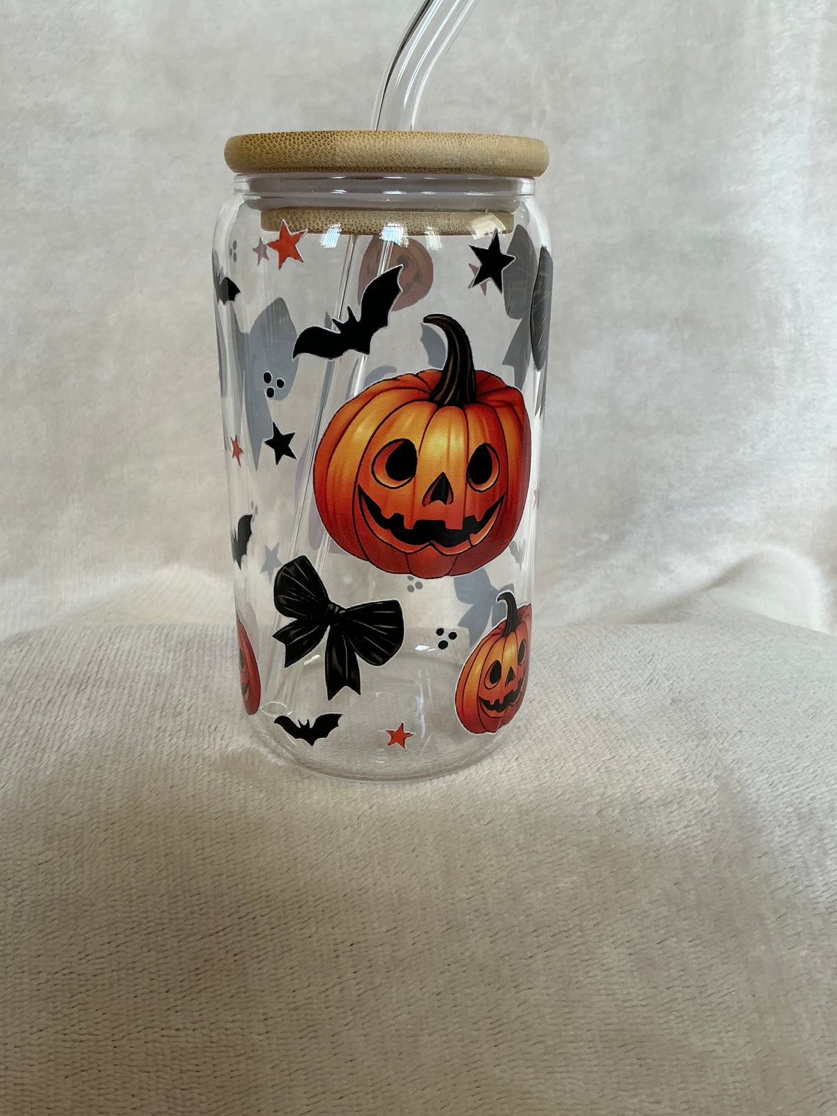 🎃🖤 Pumpkins, Bows & Bats Halloween Glass Tumbler