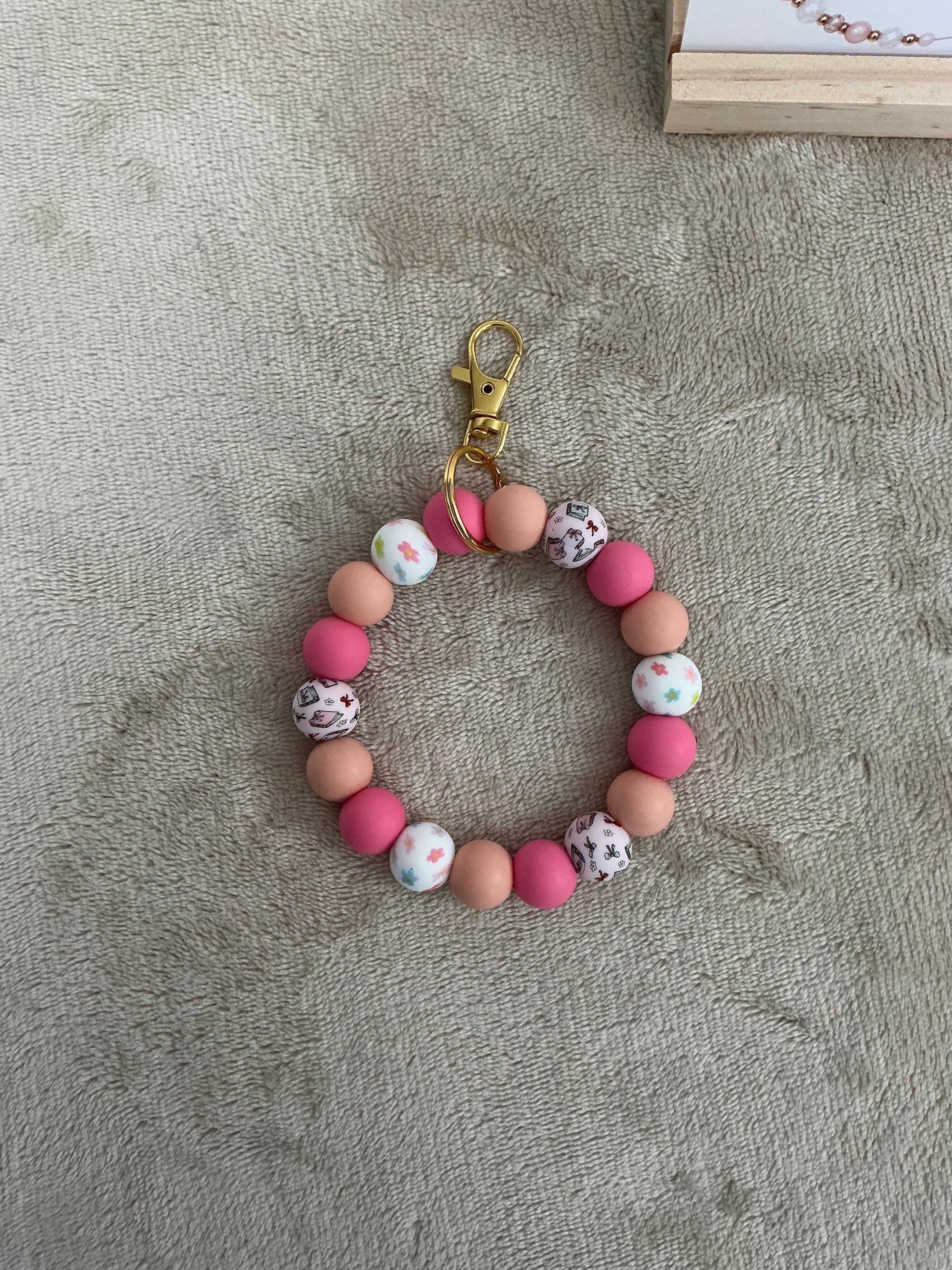 Pink Floral Silicone Wristlet Keychain | Handmade Beaded Keyring Bracelet