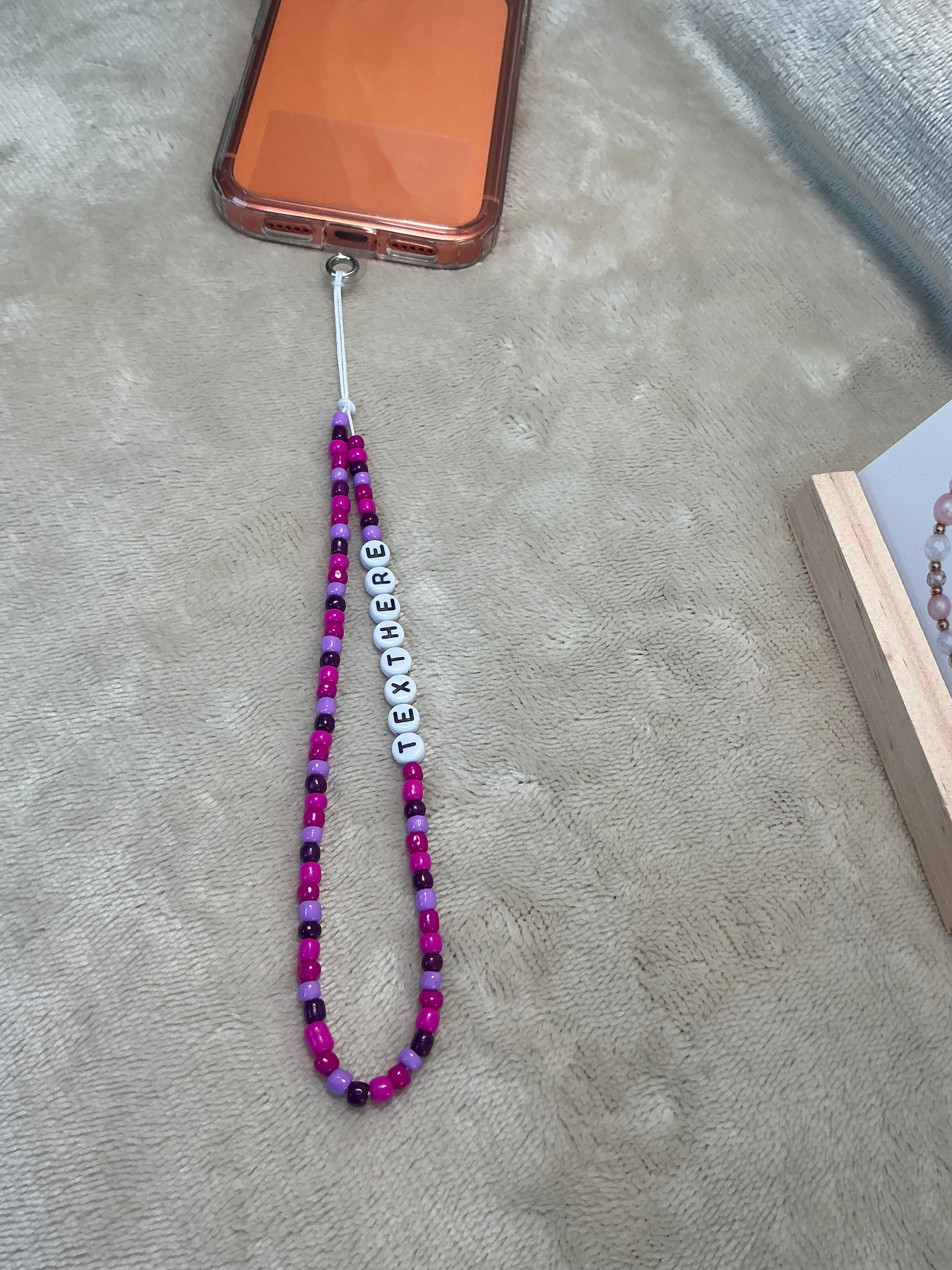 Purple Personalised Beaded Phone Charm | Custom Text Lanyard with Choice of Fastening
