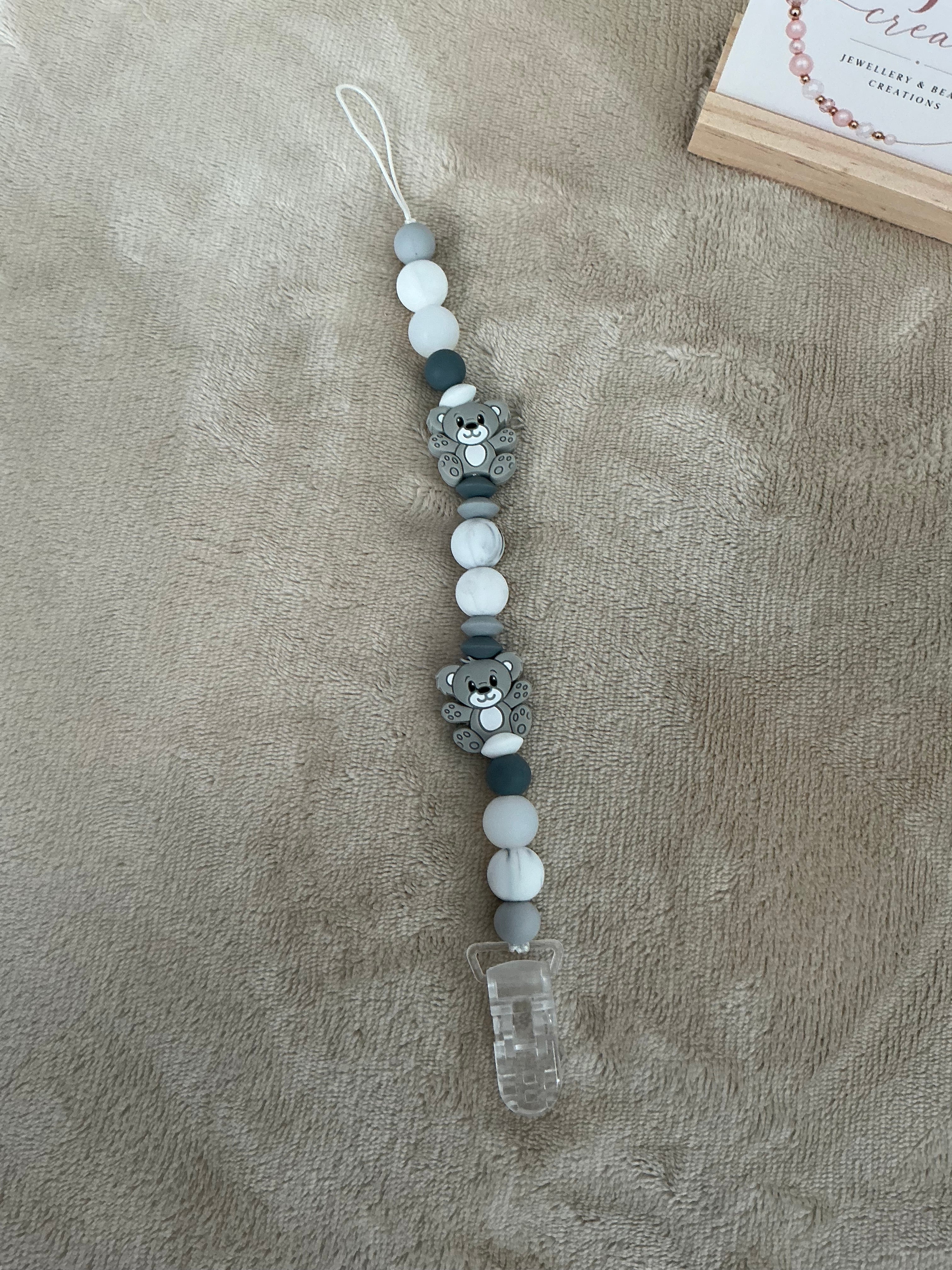 Grey Teddy Bear Dummy Clip | Handmade Neutral Pacifier Holder