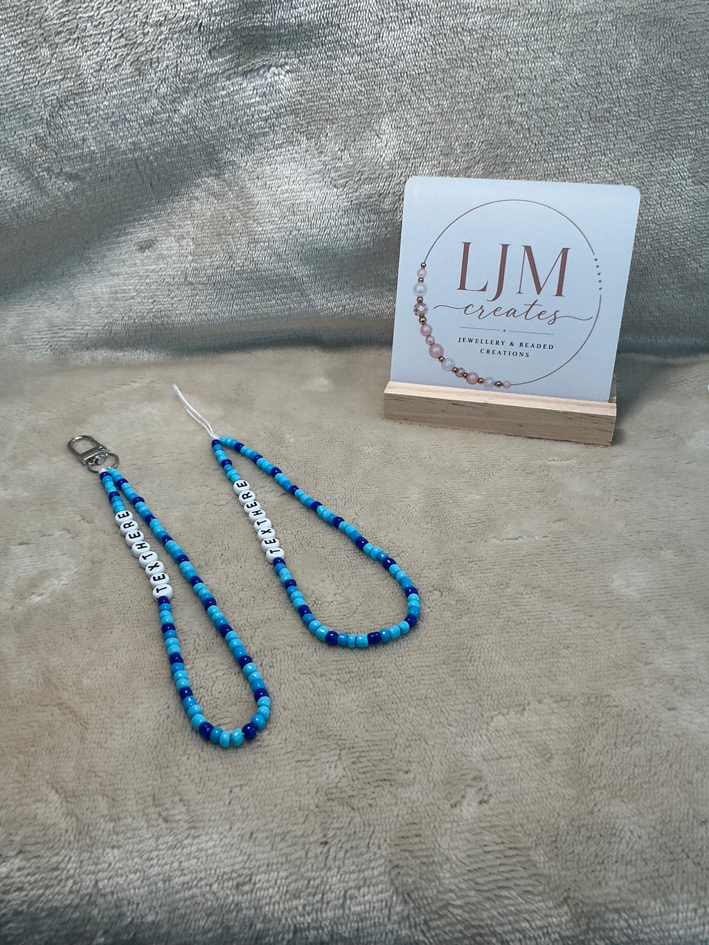 Blue Personalised Beaded Phone Charm | Custom Text Lanyard with Choice of Fastening