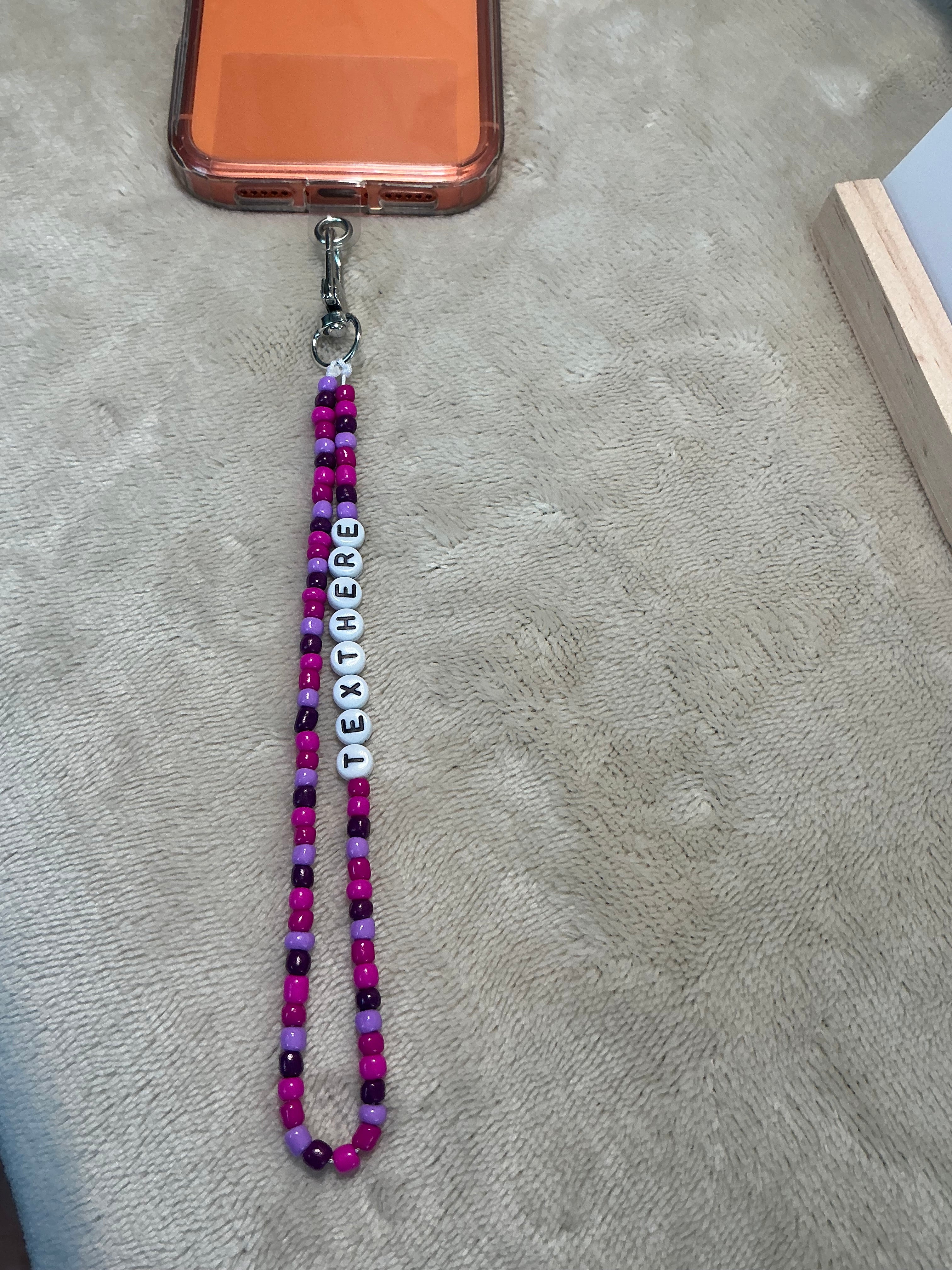 Purple Personalised Beaded Phone Charm | Custom Text Lanyard with Choice of Fastening