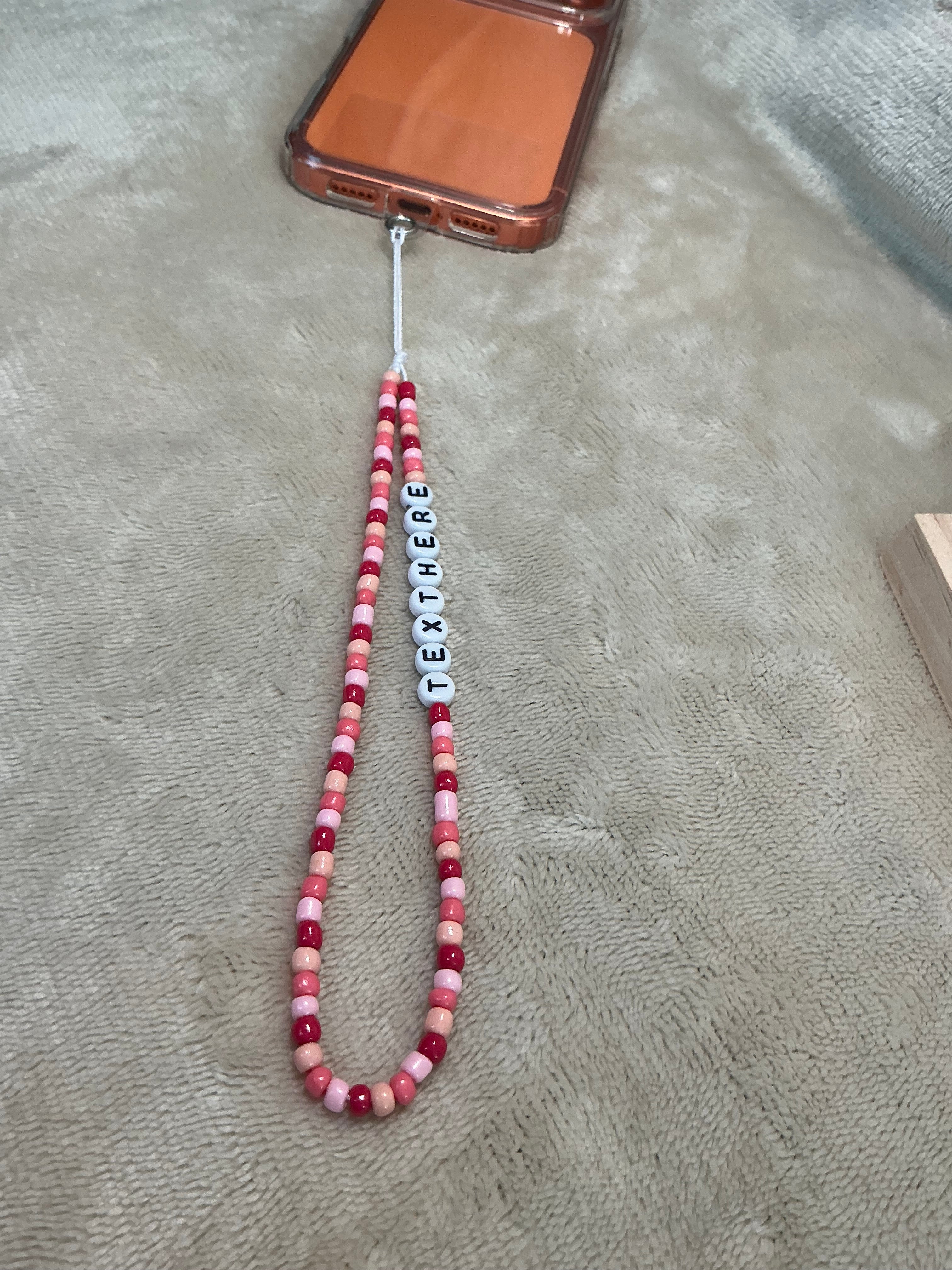 Pink Personalised Beaded Phone Charm | Custom Text Lanyard with Choice of Fastening