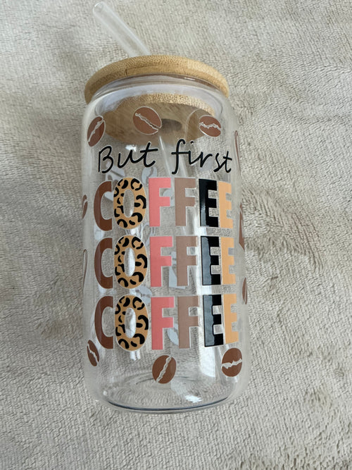 But First Coffee Glass Cup — Leopard & Neutral Vibes!