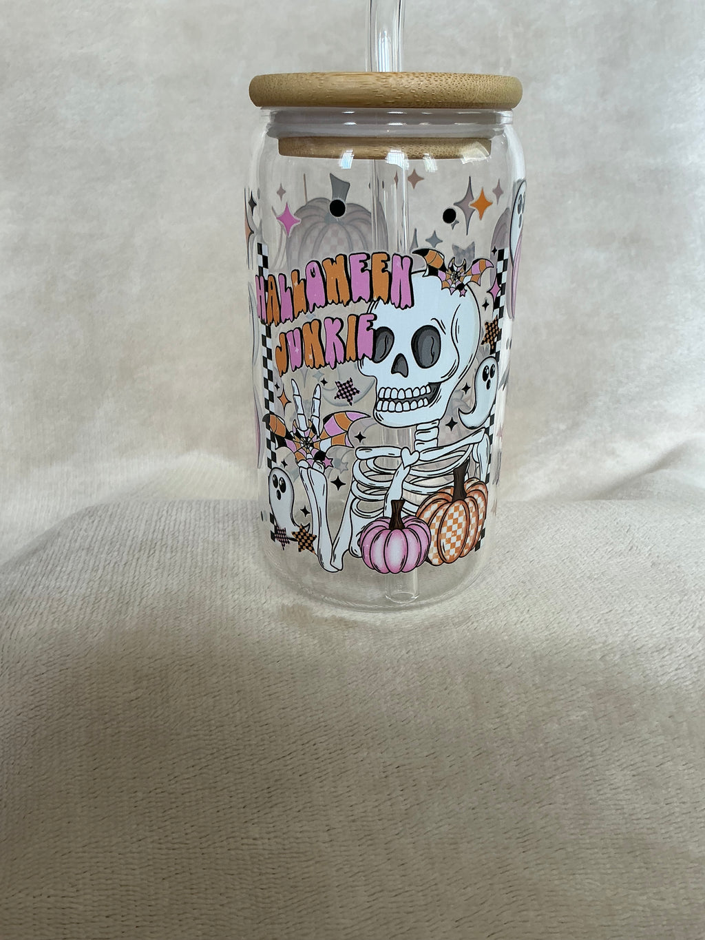💀🎃 Halloween Junkie Skeleton Glass Tumbler