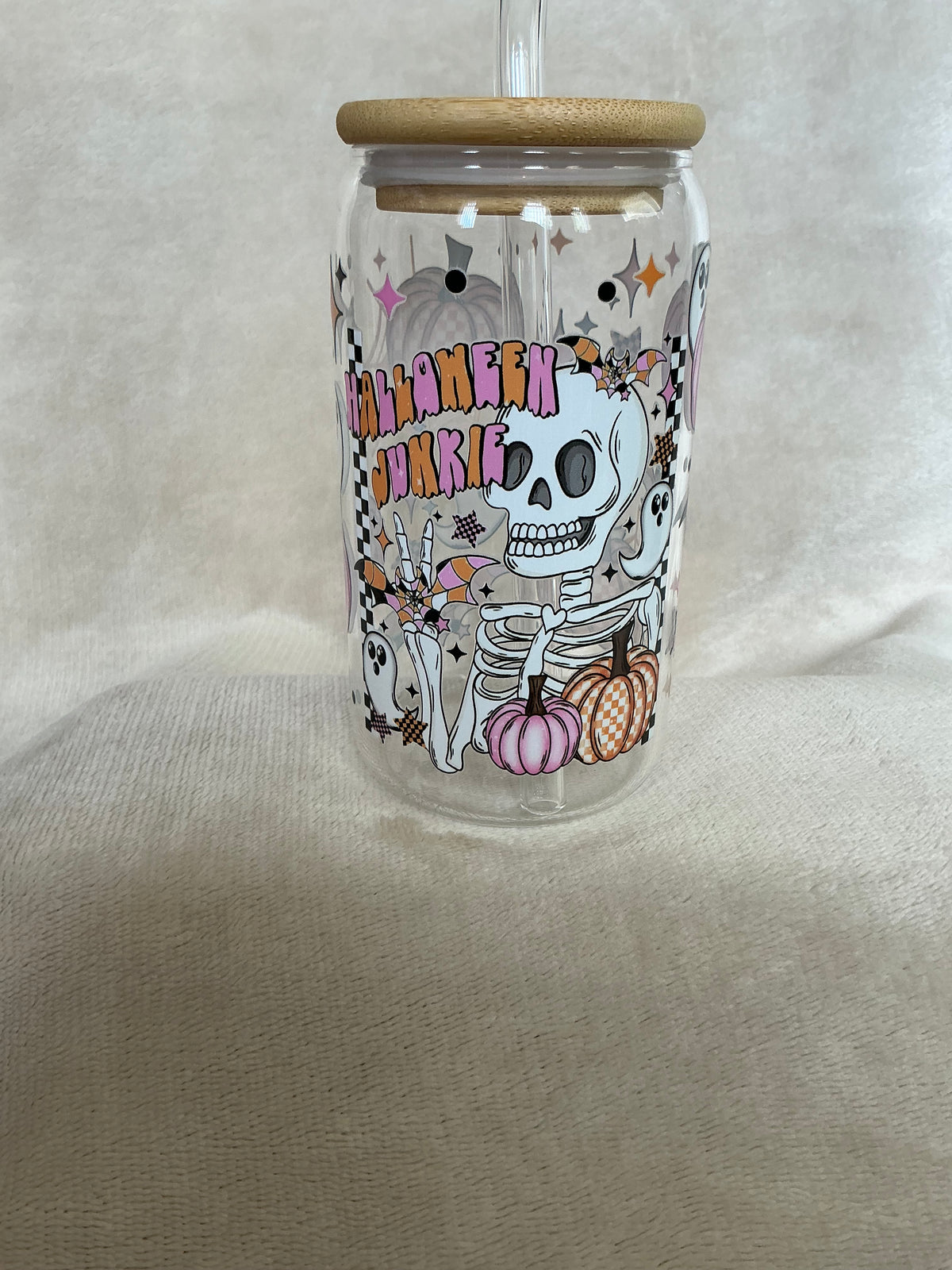 💀🎃 Halloween Junkie Skeleton Glass Tumbler