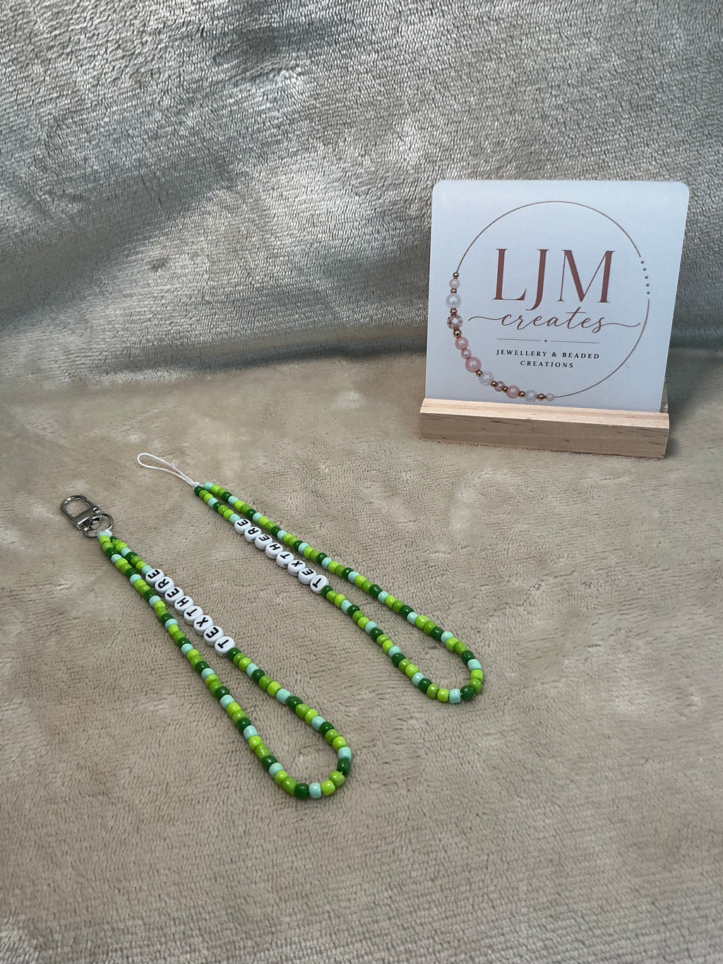 Green Personalised Beaded Phone Charm | Custom Text Lanyard with Choice of Fastening