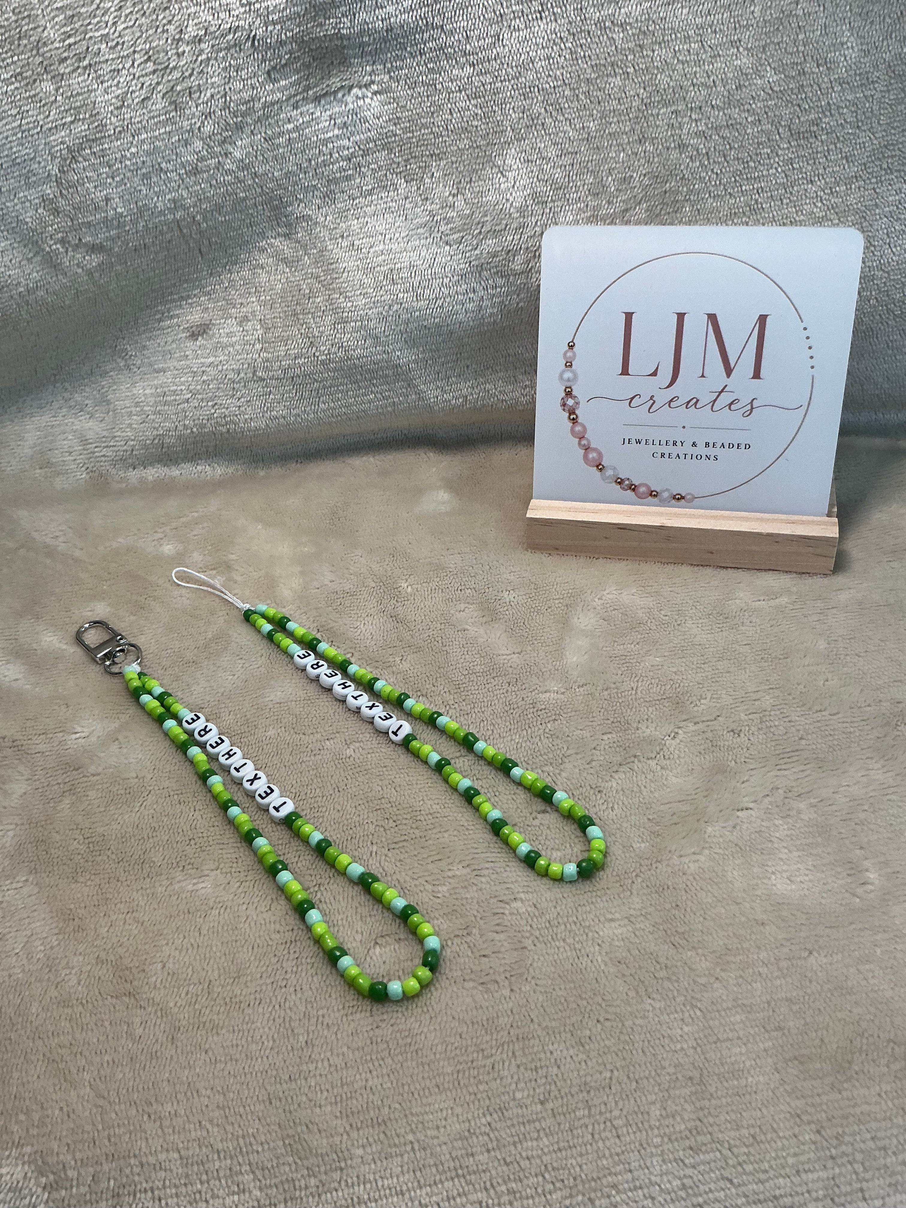 Green Personalised Beaded Phone Charm | Custom Text Lanyard with Choice of Fastening