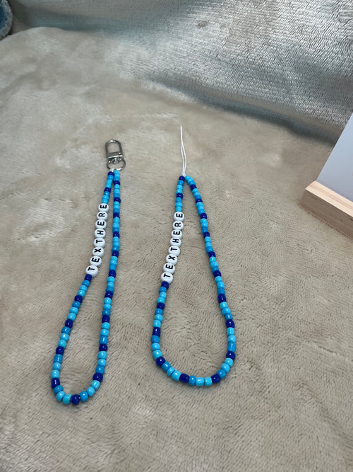 Blue Personalised Beaded Phone Charm | Custom Text Lanyard with Choice of Fastening