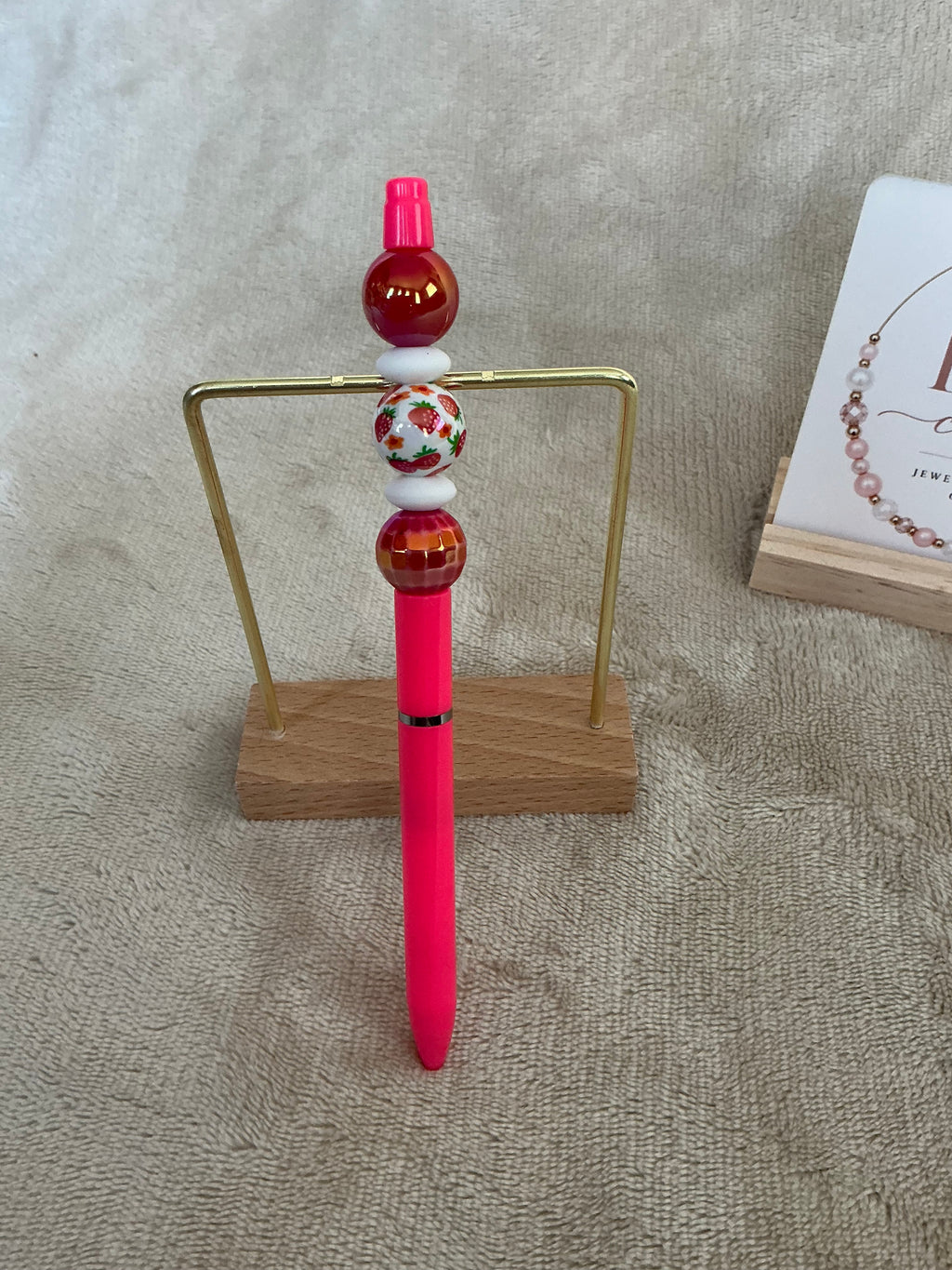 Strawberry Delight Beaded Pen | Handmade Pink Berry-Themed Ballpoint Pen