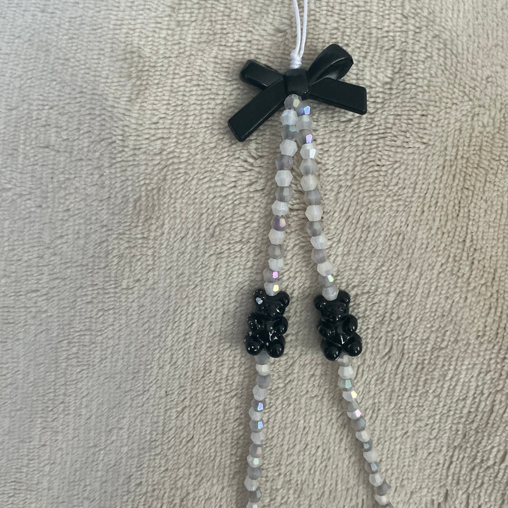🖤 Black Bear & Bow Crystal Phone Charm