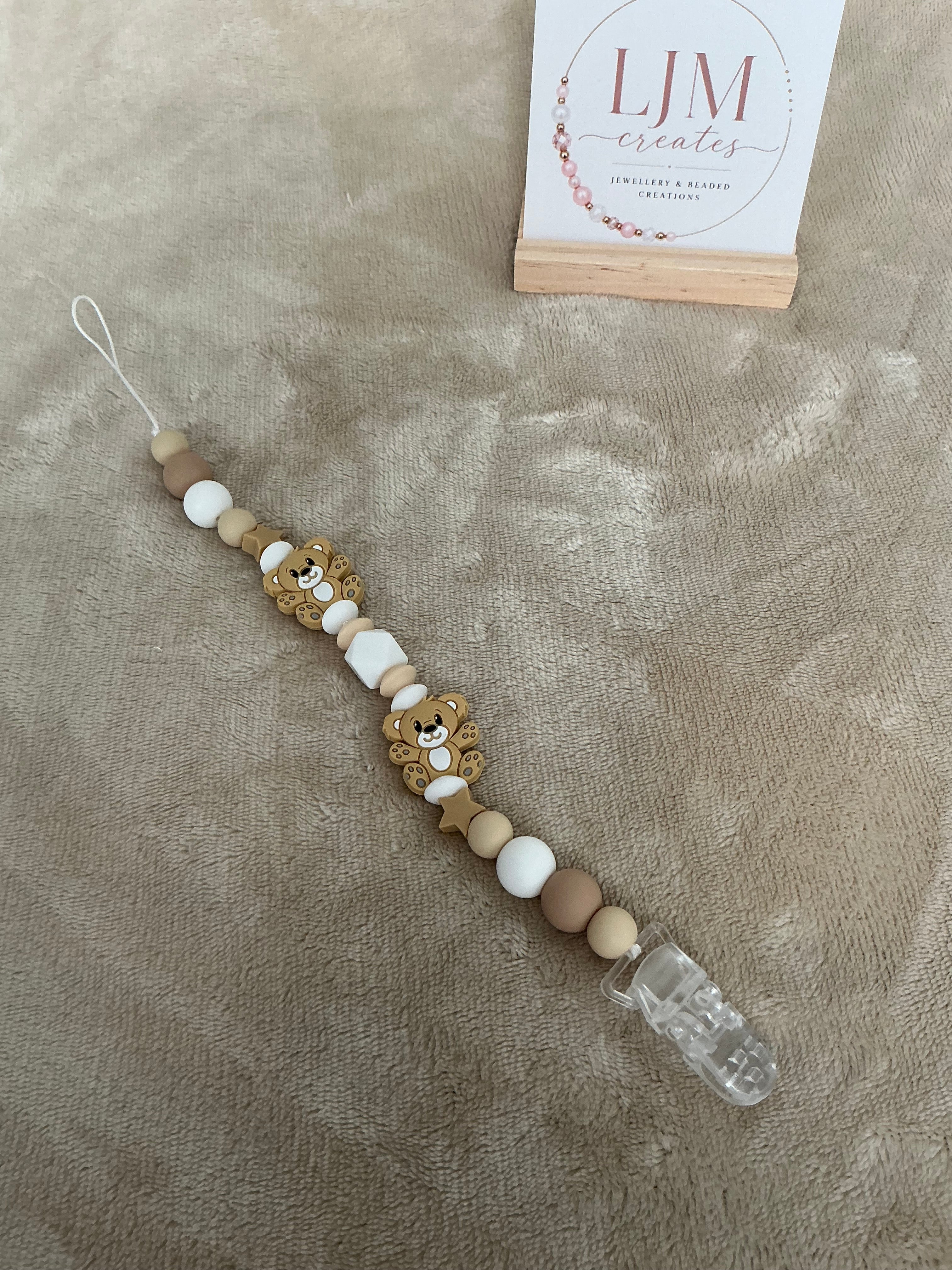 Neutral Teddy Bear Dummy Clip | Handmade Bear Pacifier Holder