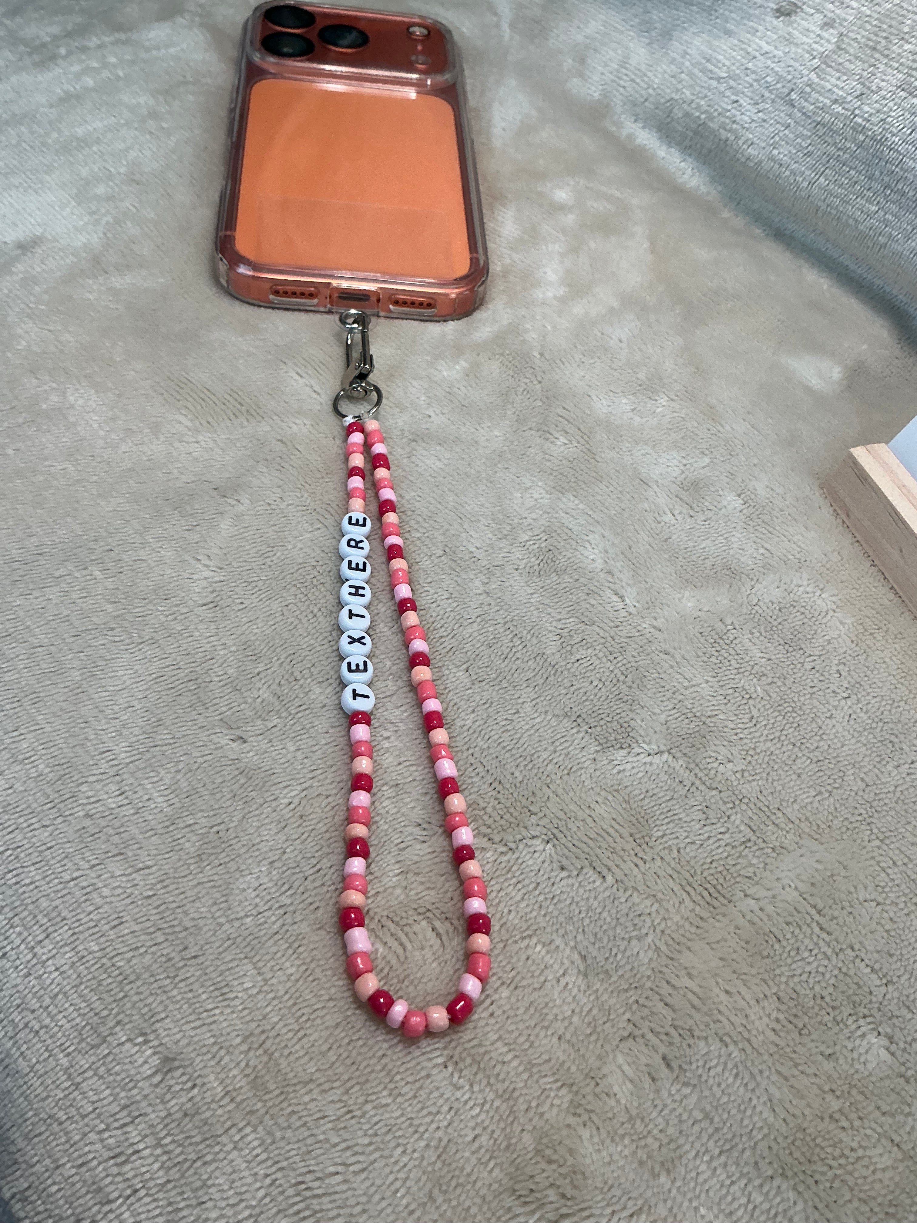 Pink Personalised Beaded Phone Charm | Custom Text Lanyard with Choice of Fastening