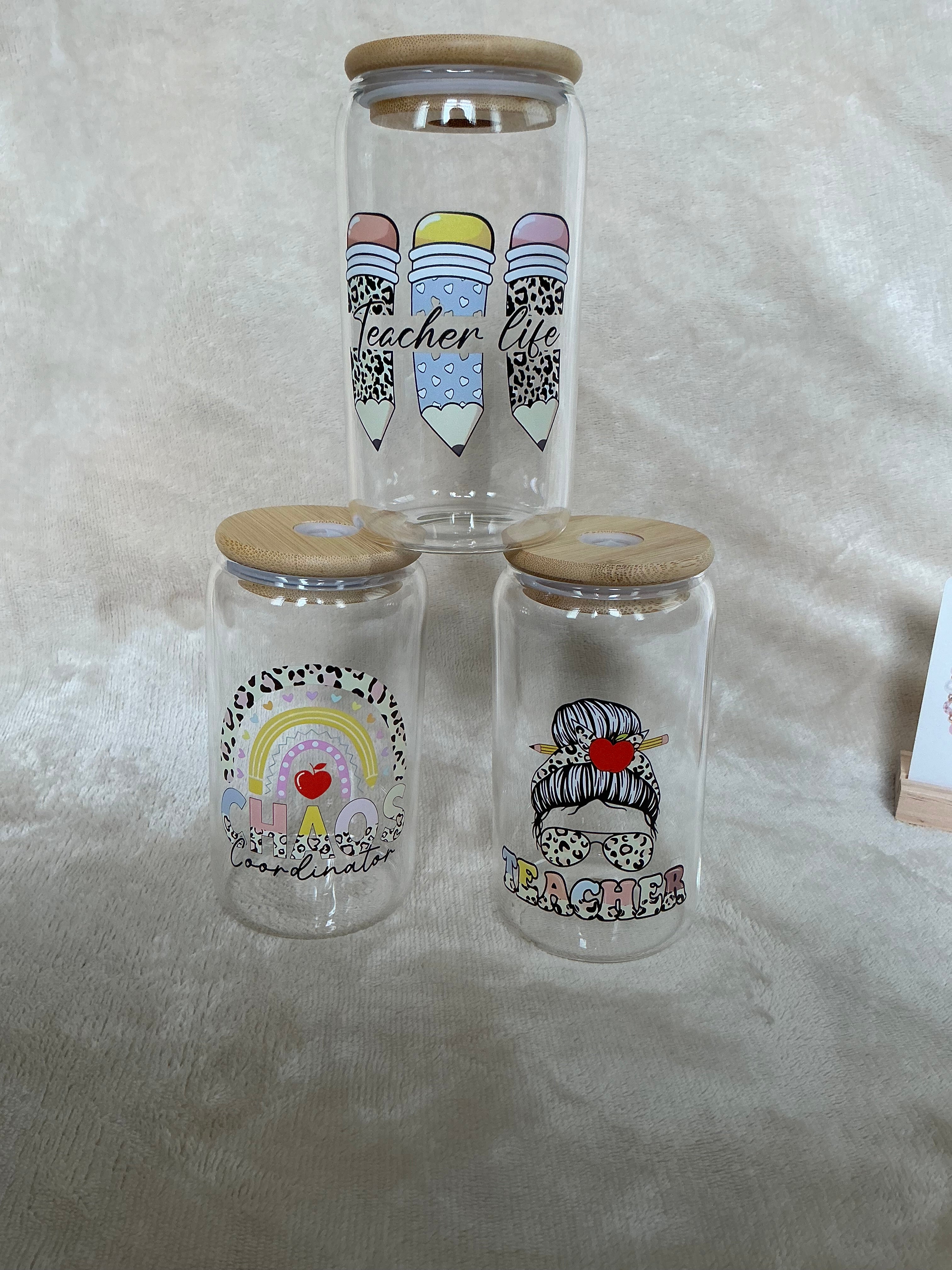 Teacher Themed Glass Cup Collection with Bamboo Lids