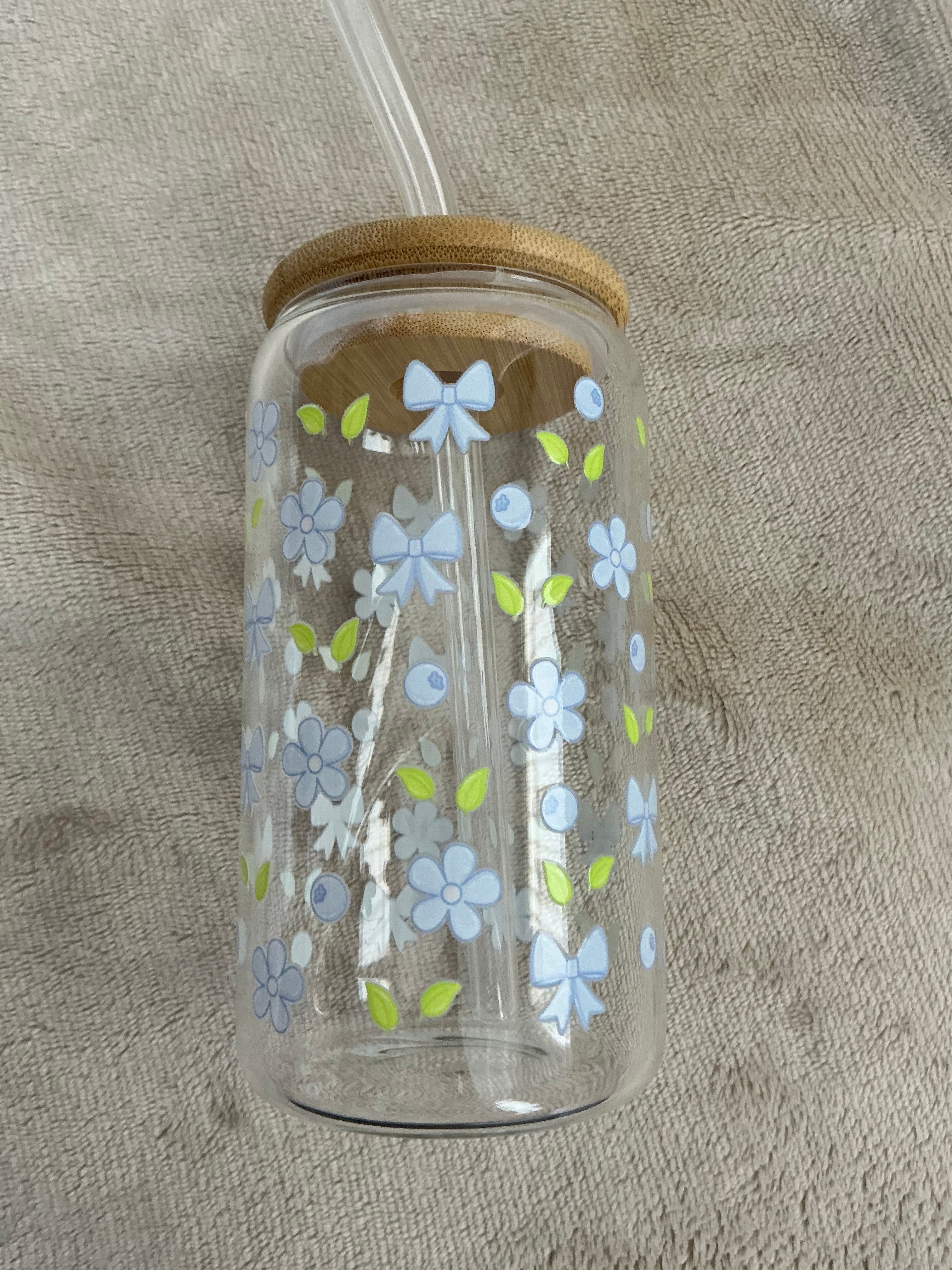 Dainty Blue Bows & Blooms Glass Cup — Soft Pastel Beauty!