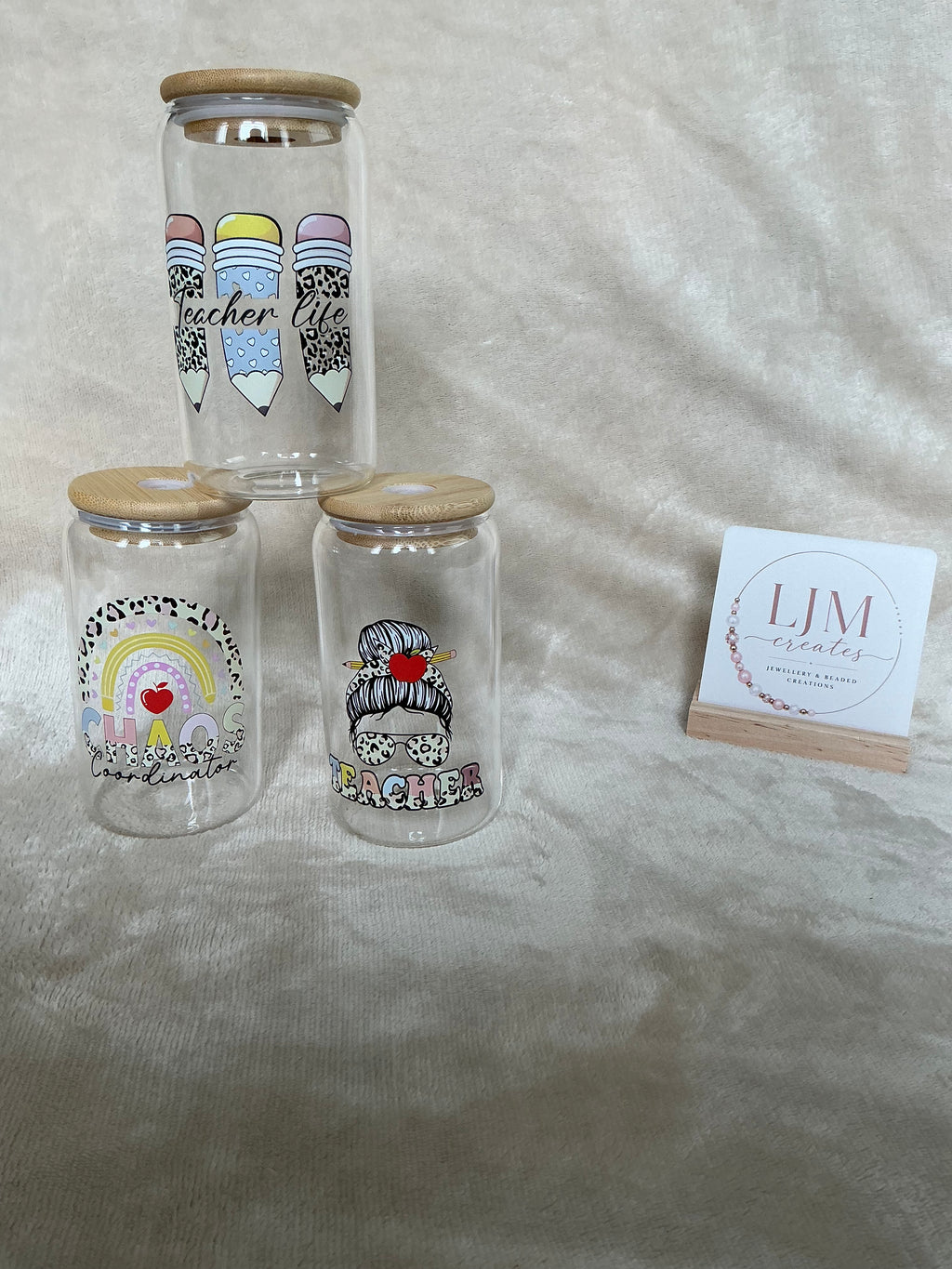 Teacher Themed Glass Cup Collection with Bamboo Lids