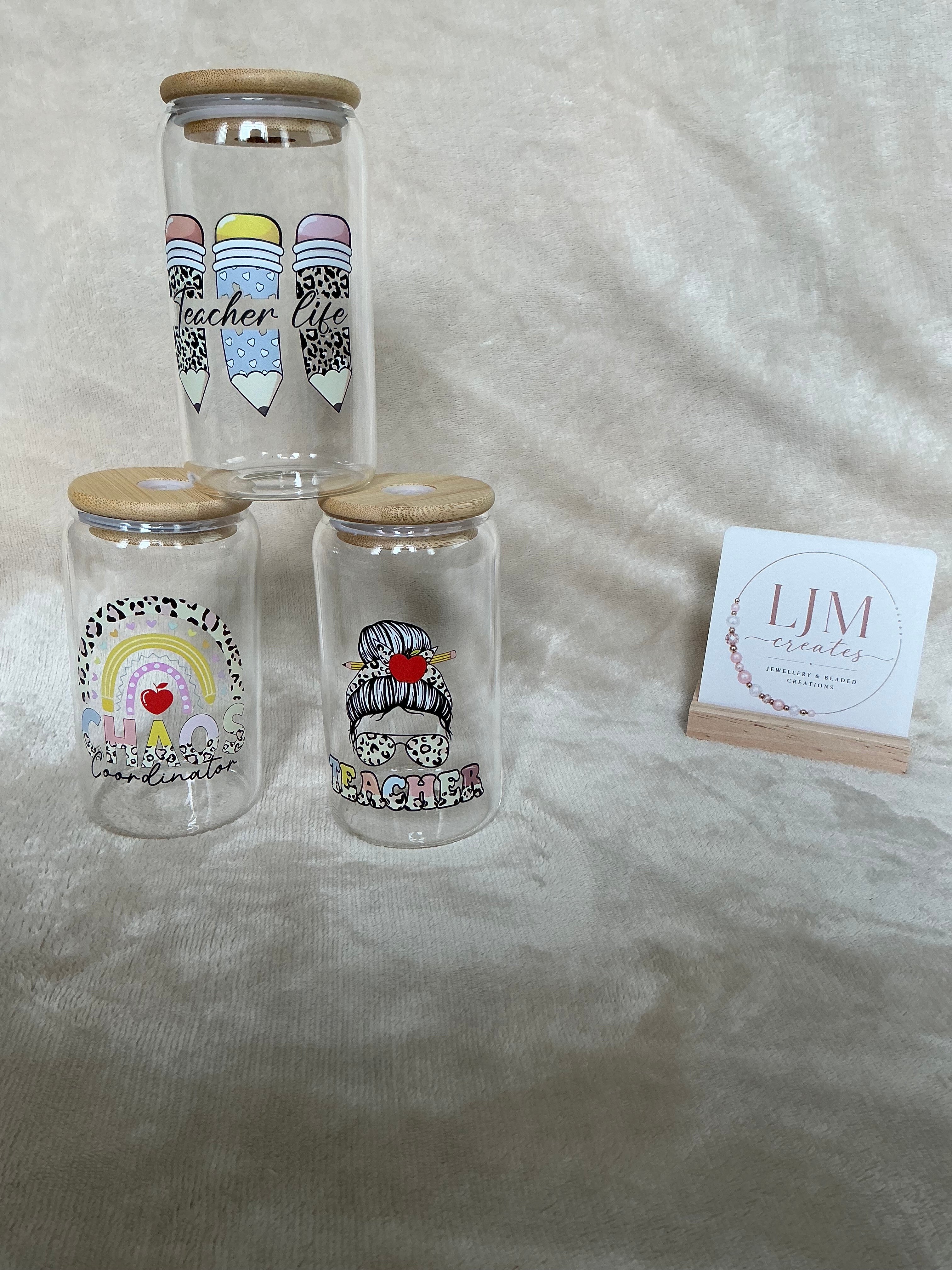 Teacher Themed Glass Cup Collection with Bamboo Lids