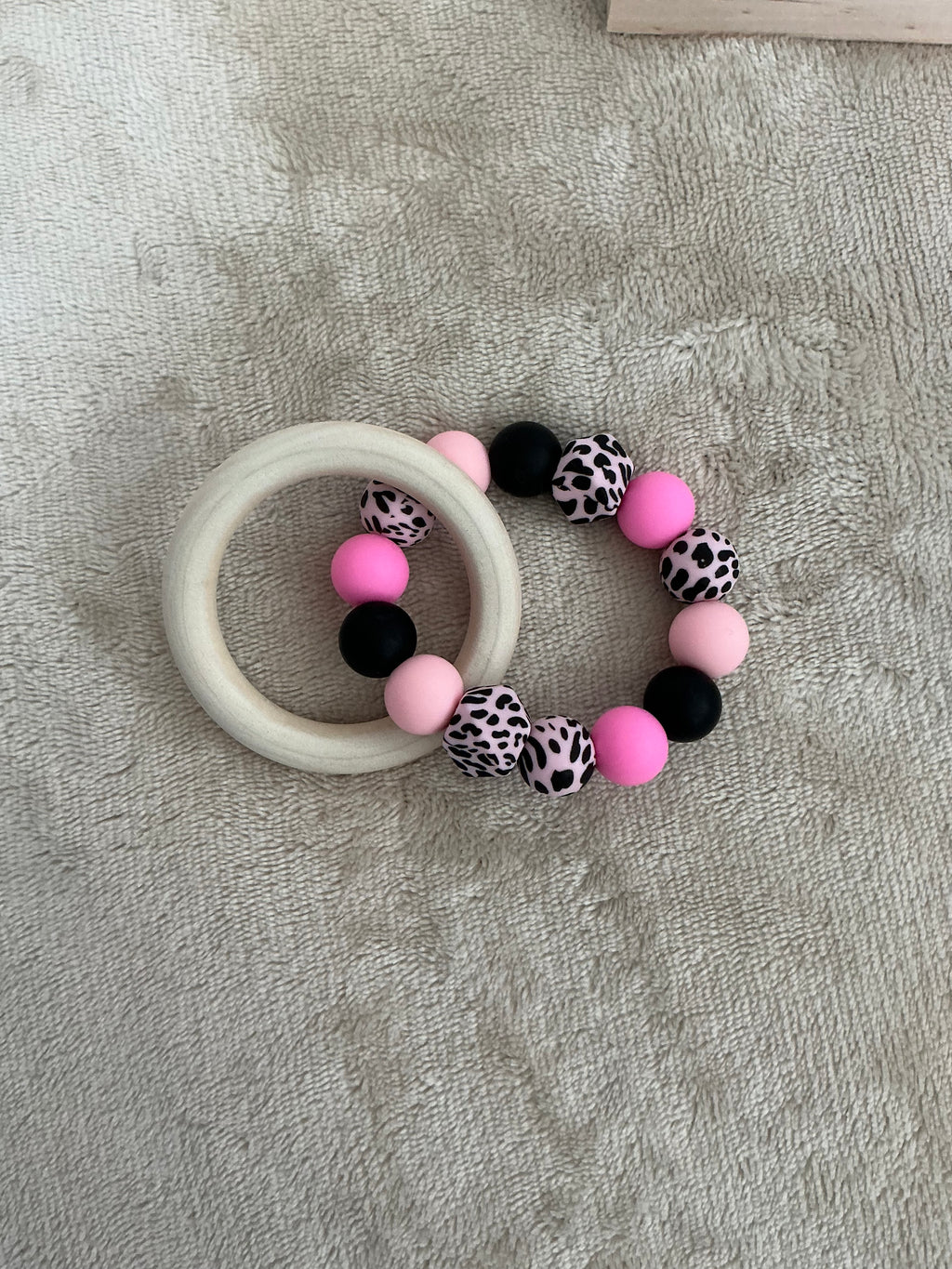 Pink Leopard Teething Ring | Silicone & Wooden Baby Teether