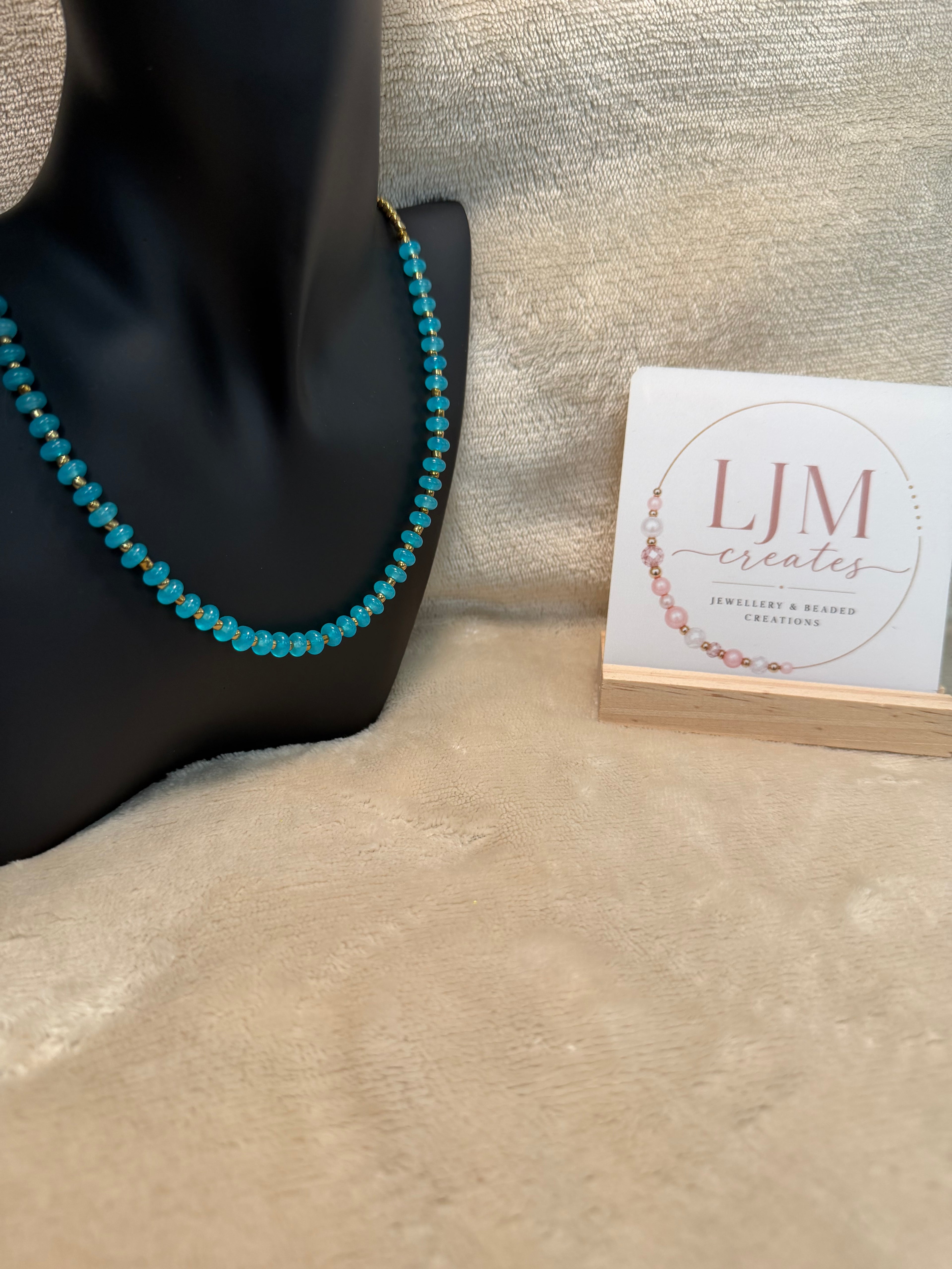Bright Turquoise & Gold Rondelle Bead Necklace